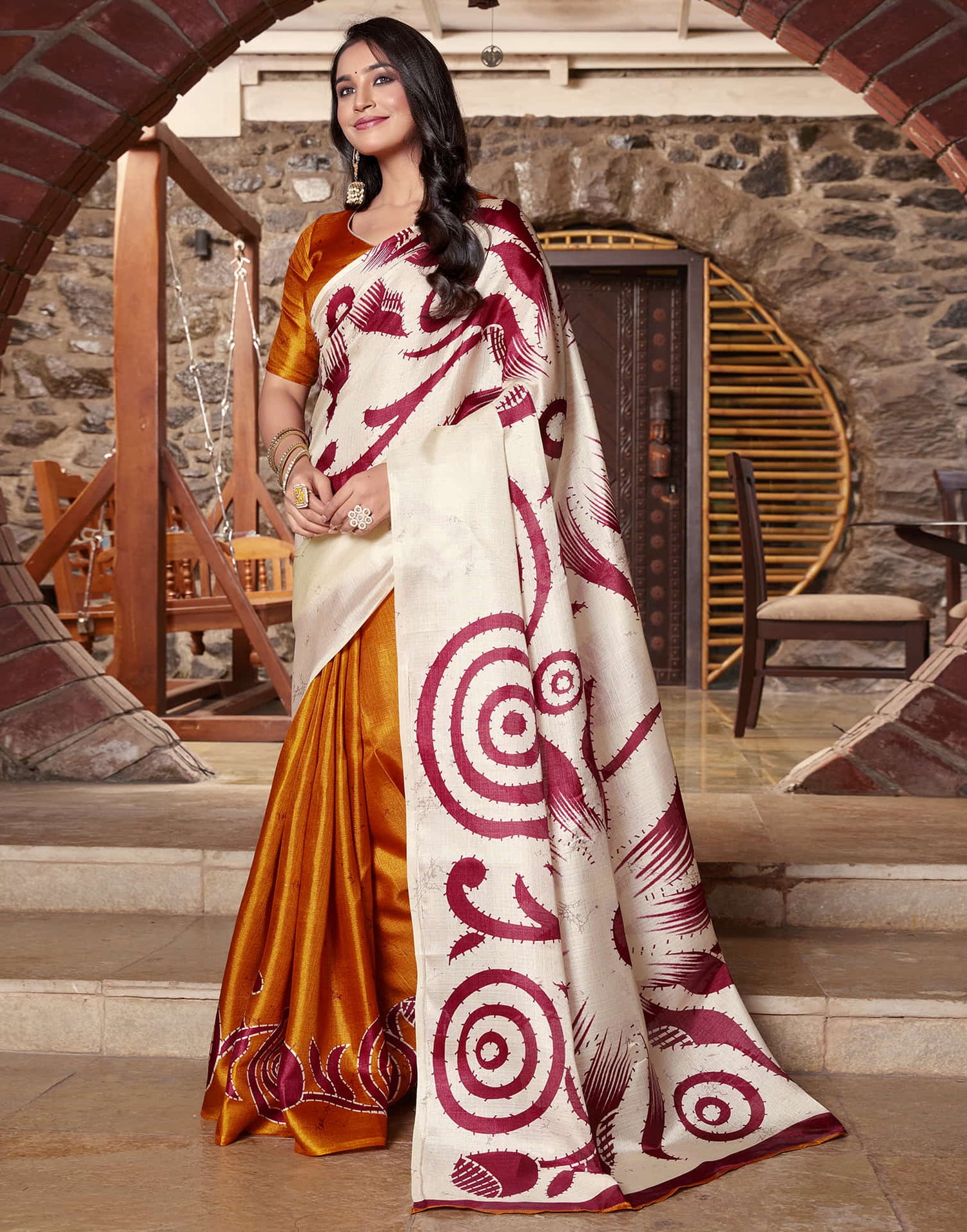 Off White Cotton Blend Printed Saree