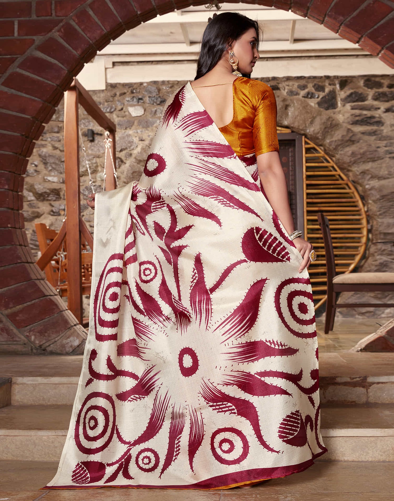 Off White Cotton Blend Printed Saree