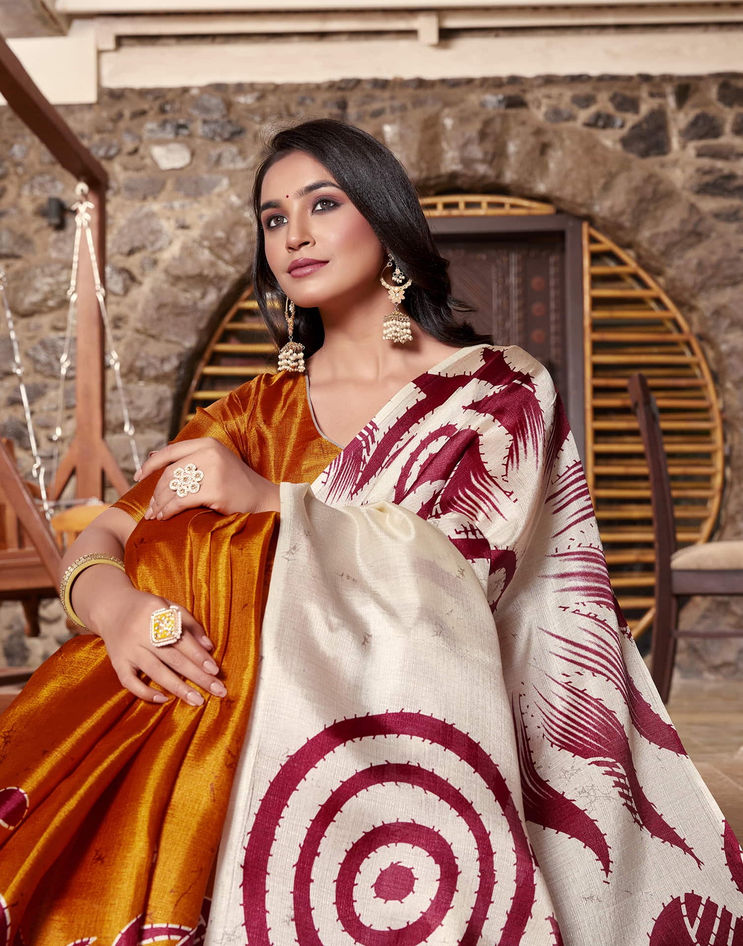 Off White Cotton Blend Printed Saree