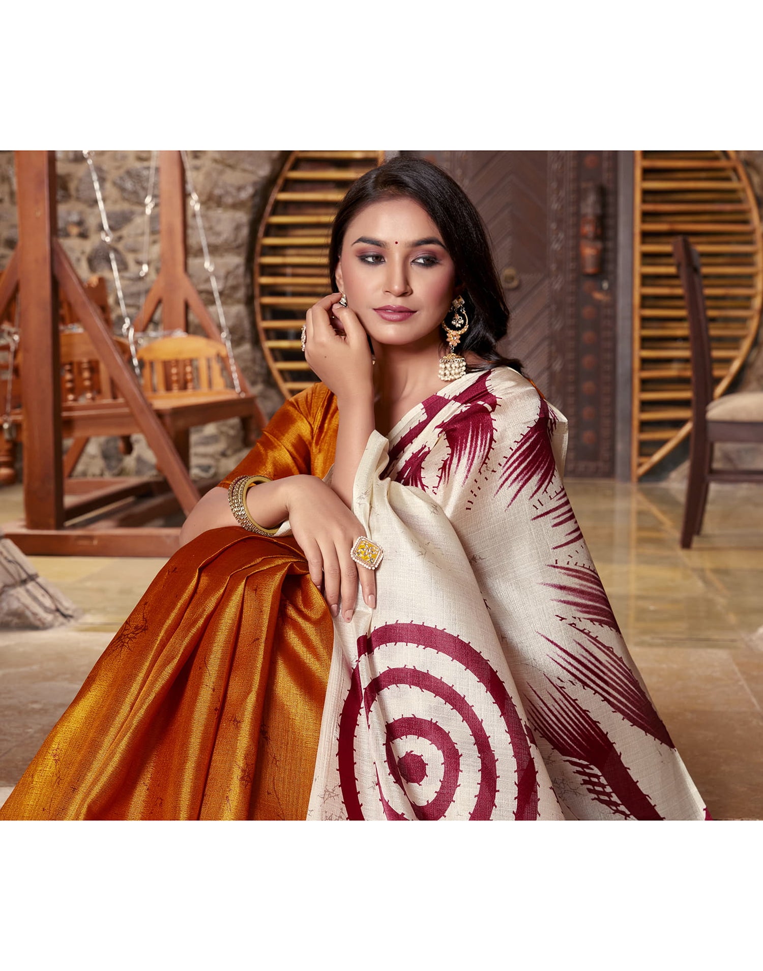Off White Cotton Blend Printed Saree