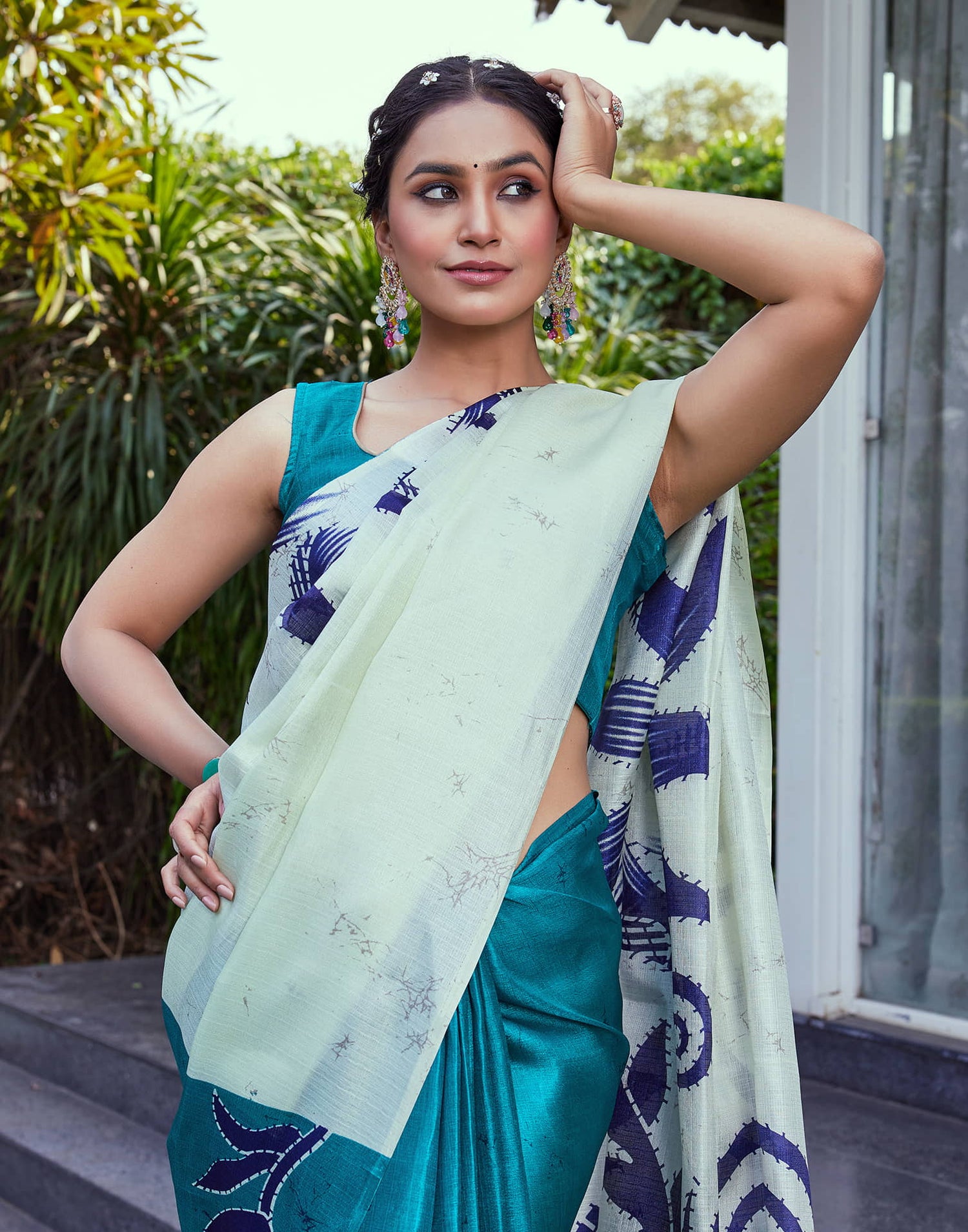 White Cotton Blend Printed Saree