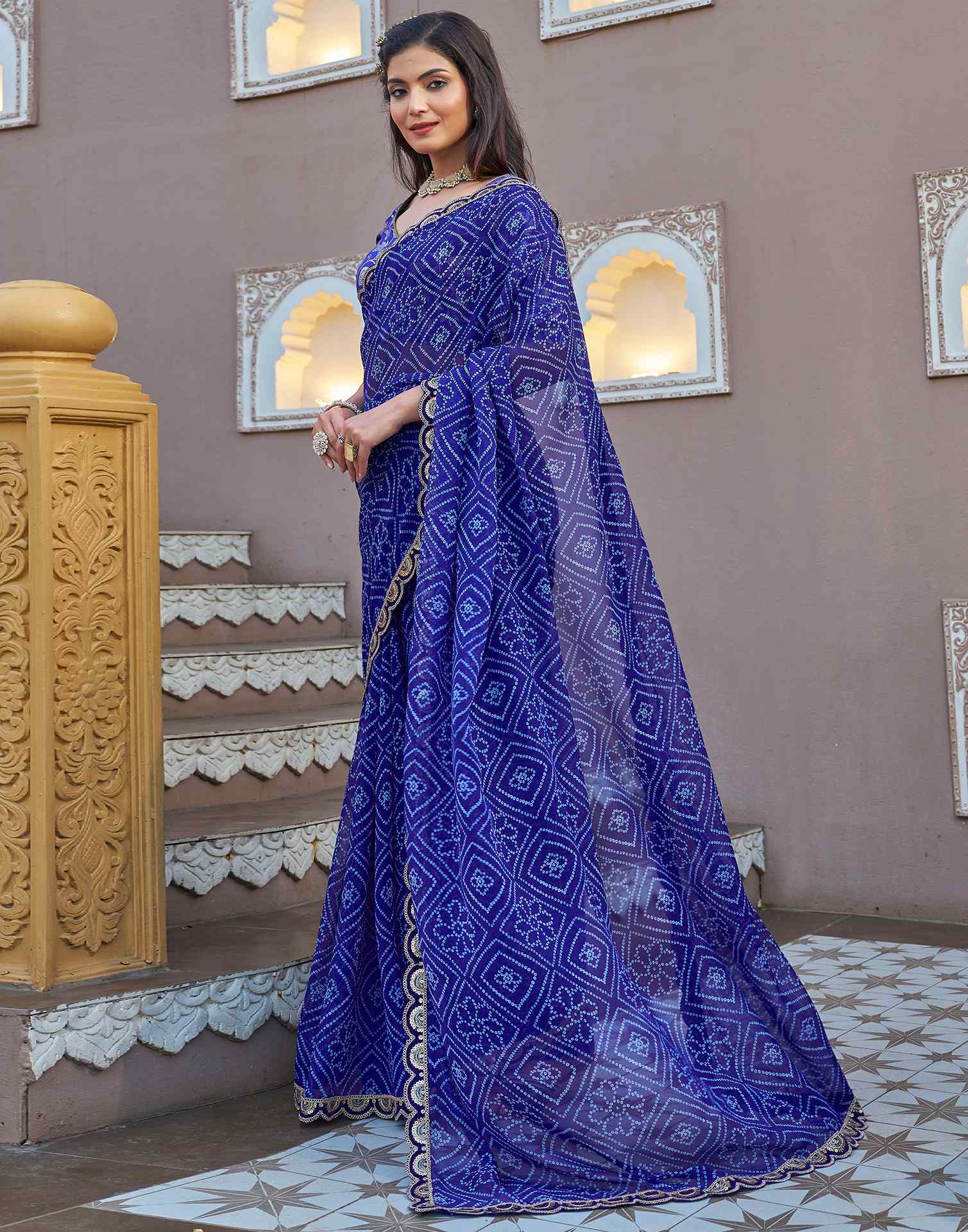 Dark Blue Georgette Printed Bandhani Saree