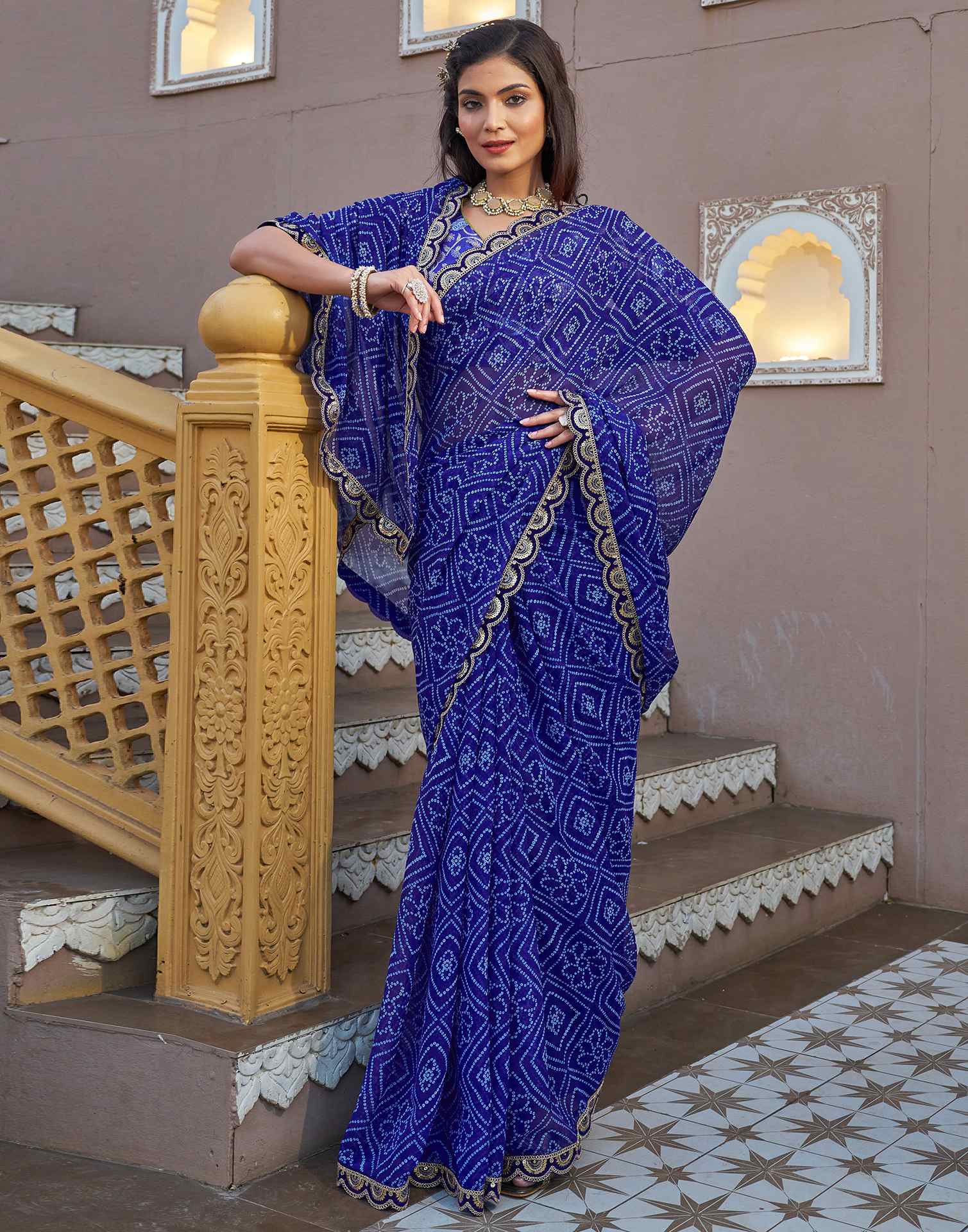 Dark Blue Georgette Printed Bandhani Saree