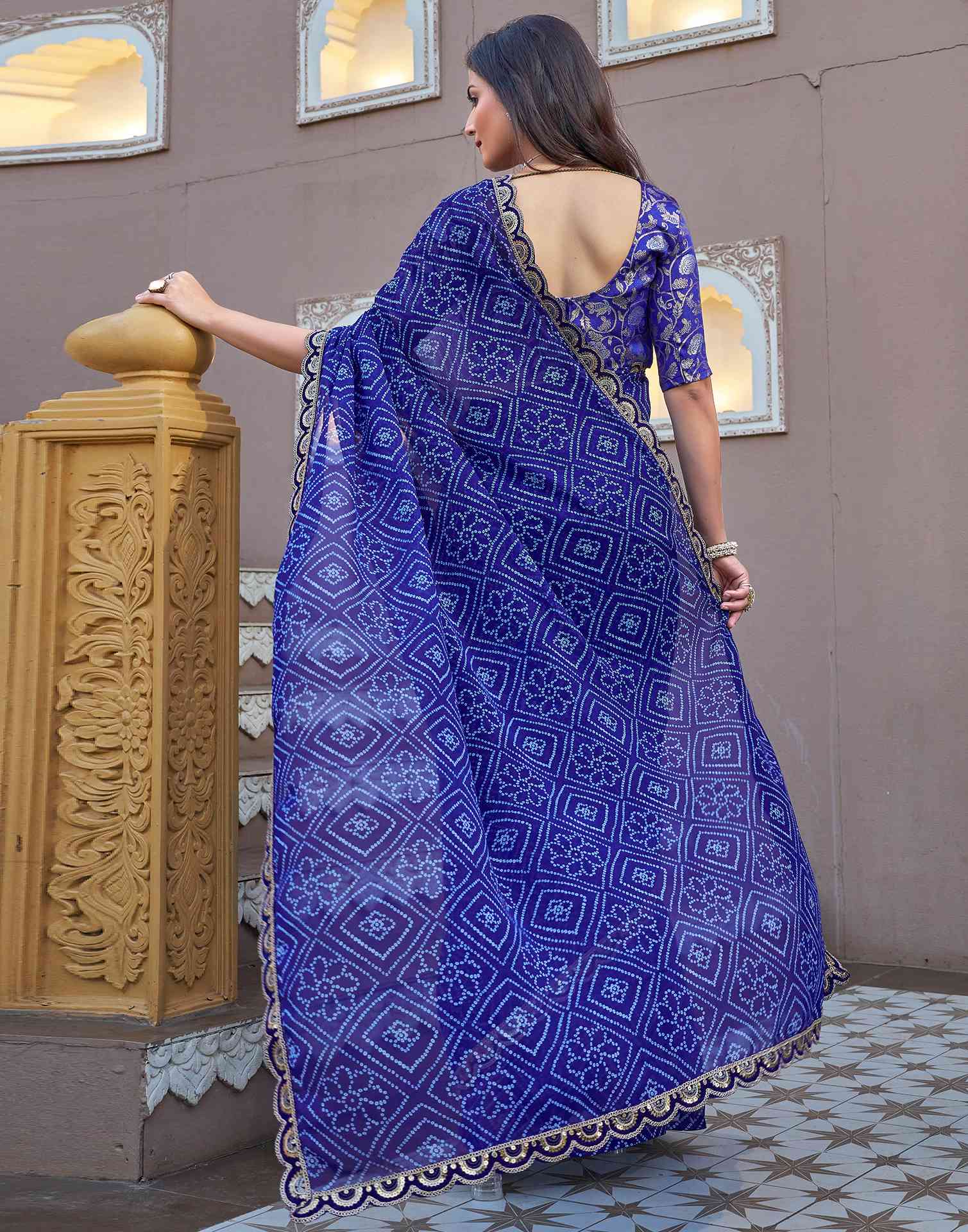 Dark Blue Georgette Printed Bandhani Saree