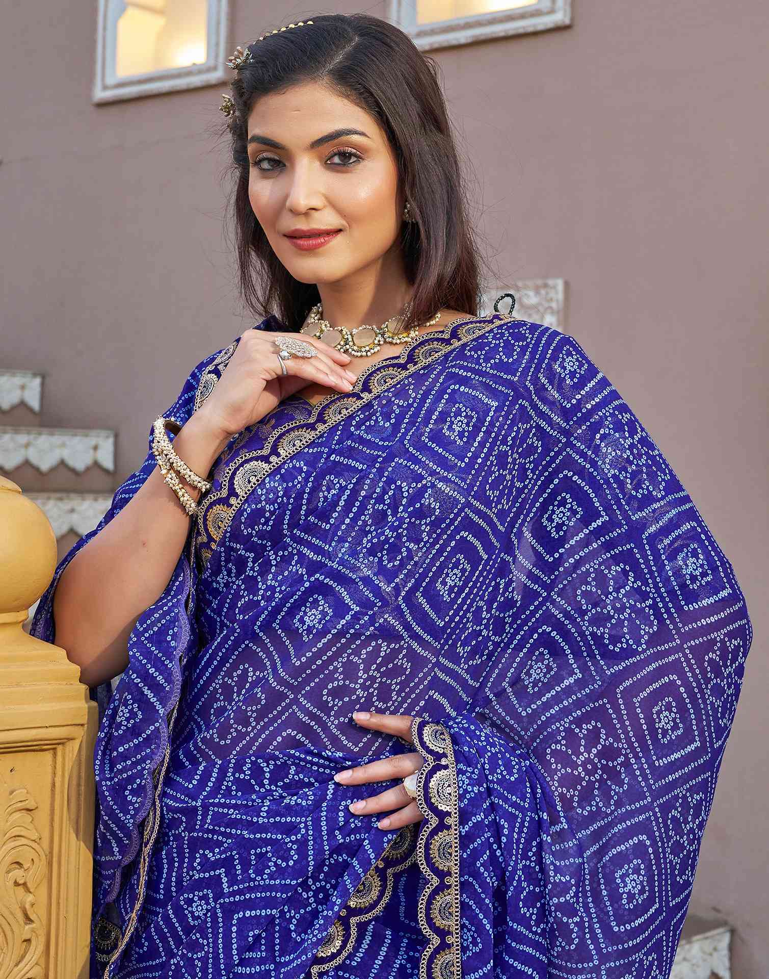 Dark Blue Georgette Printed Bandhani Saree