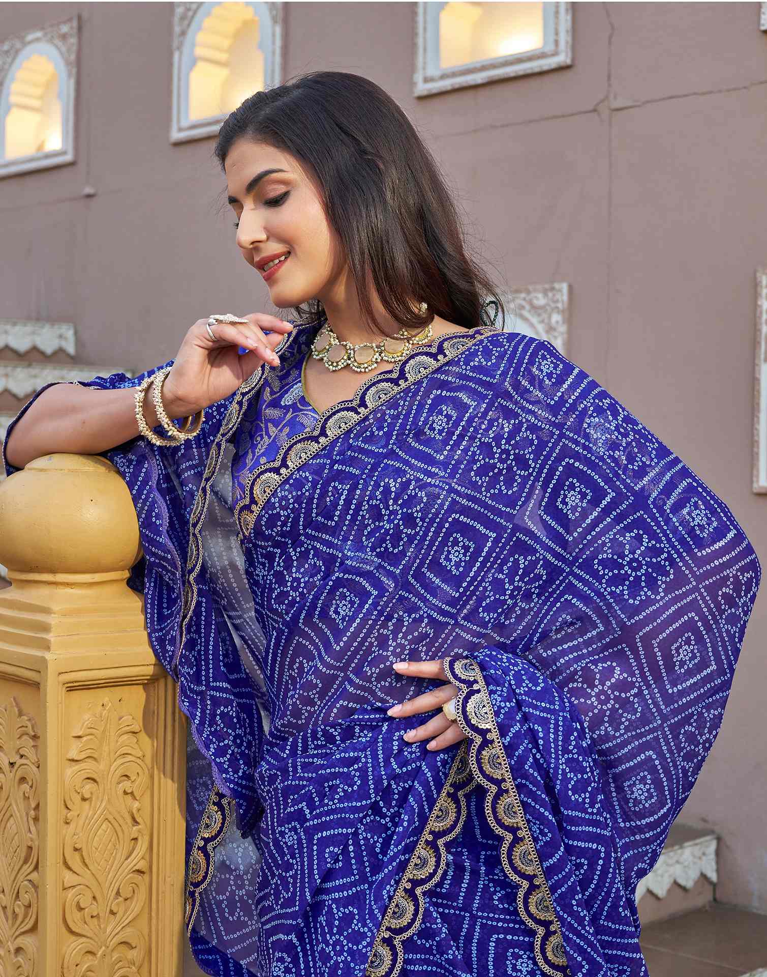 Dark Blue Georgette Printed Bandhani Saree