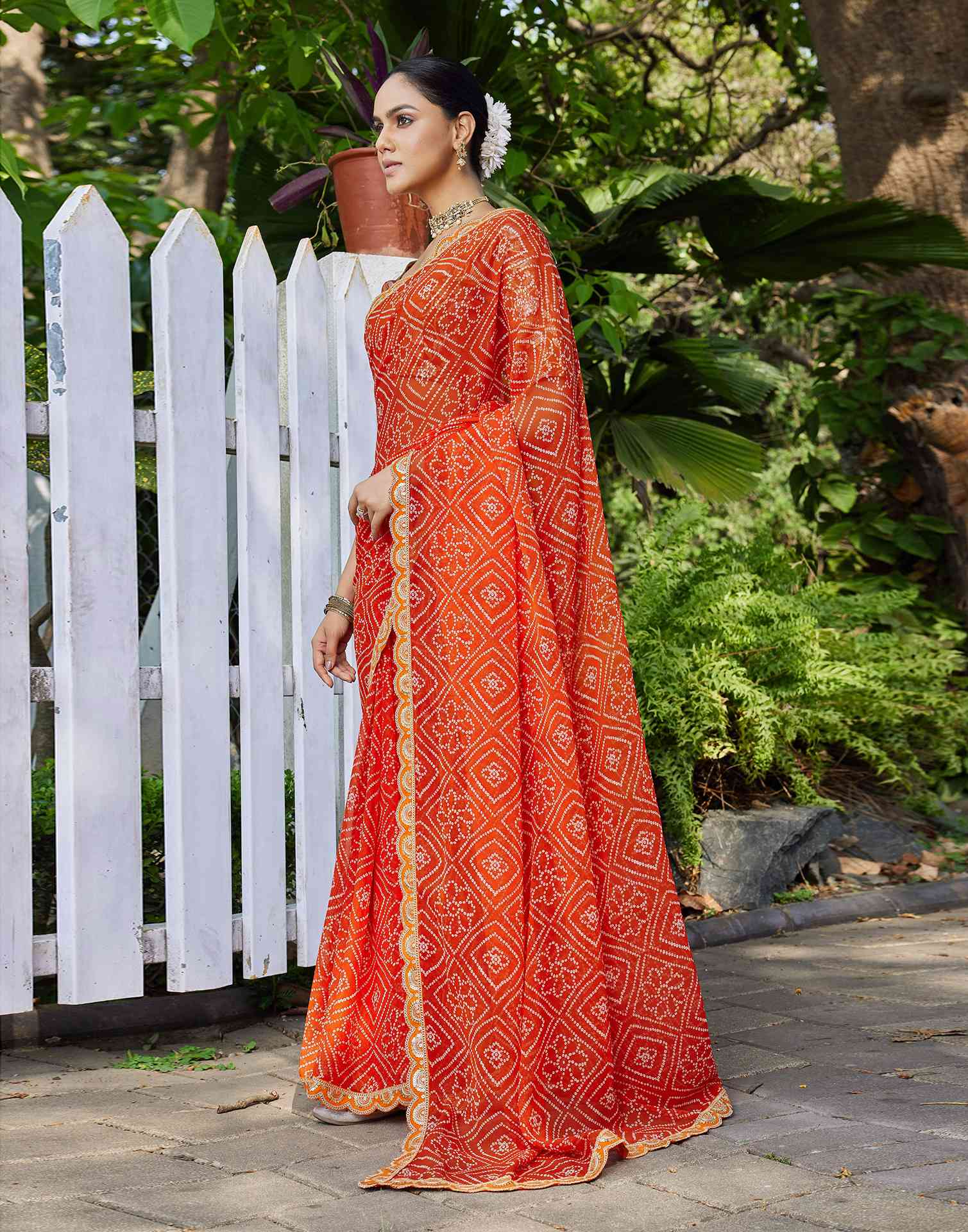 Orange Georgette Bandhani Printed Saree