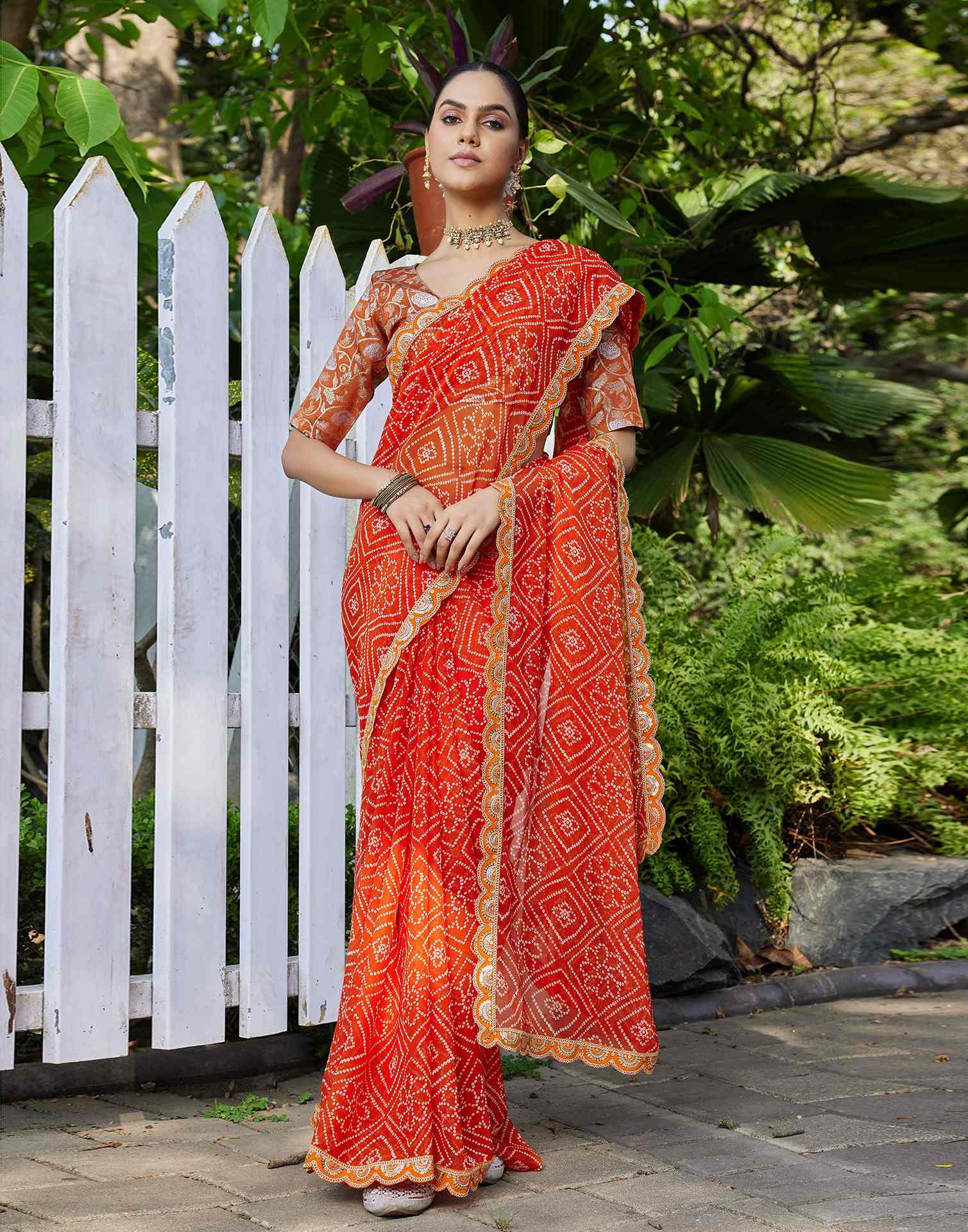 Orange Georgette Bandhani Printed Saree