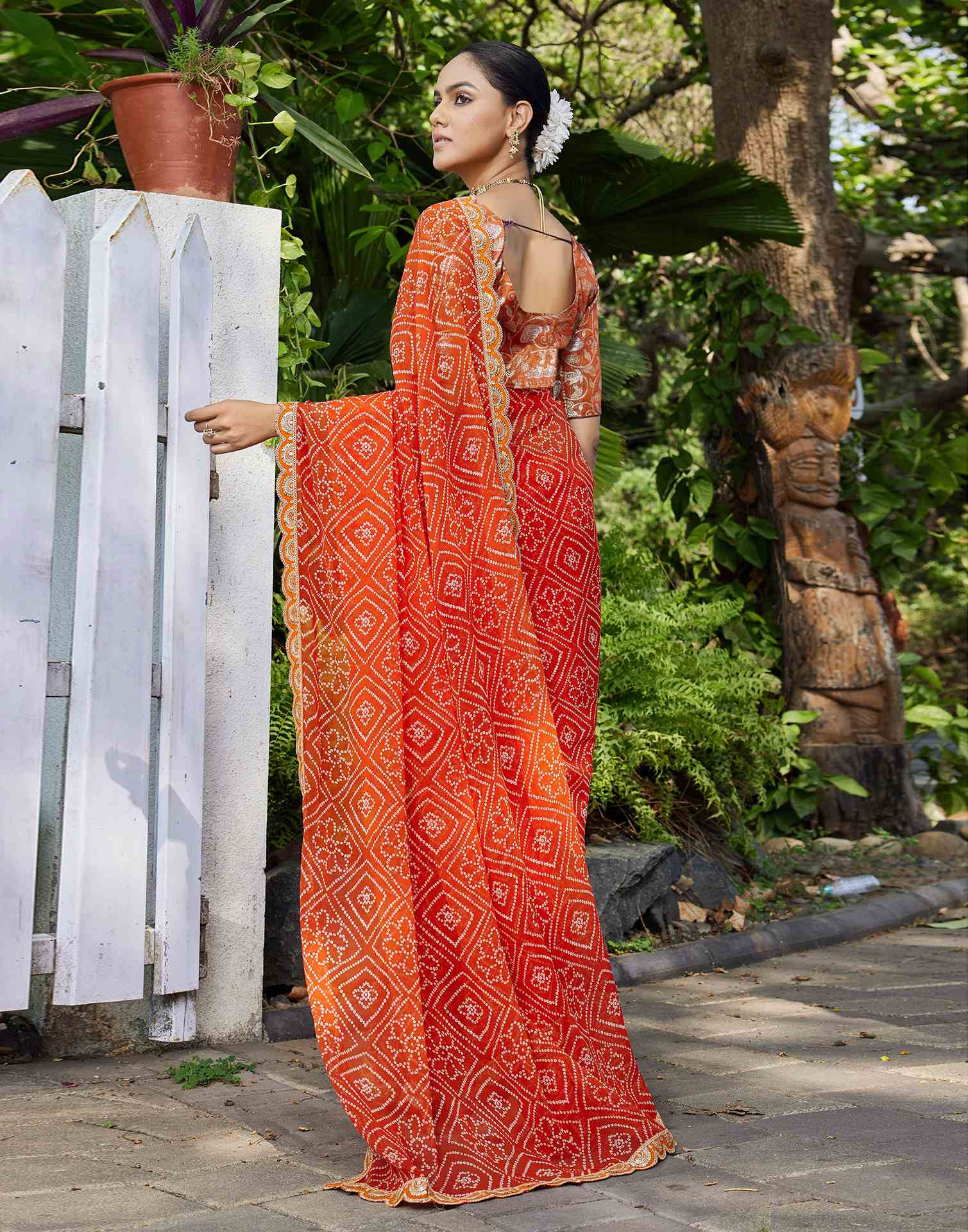 Orange Georgette Bandhani Printed Saree