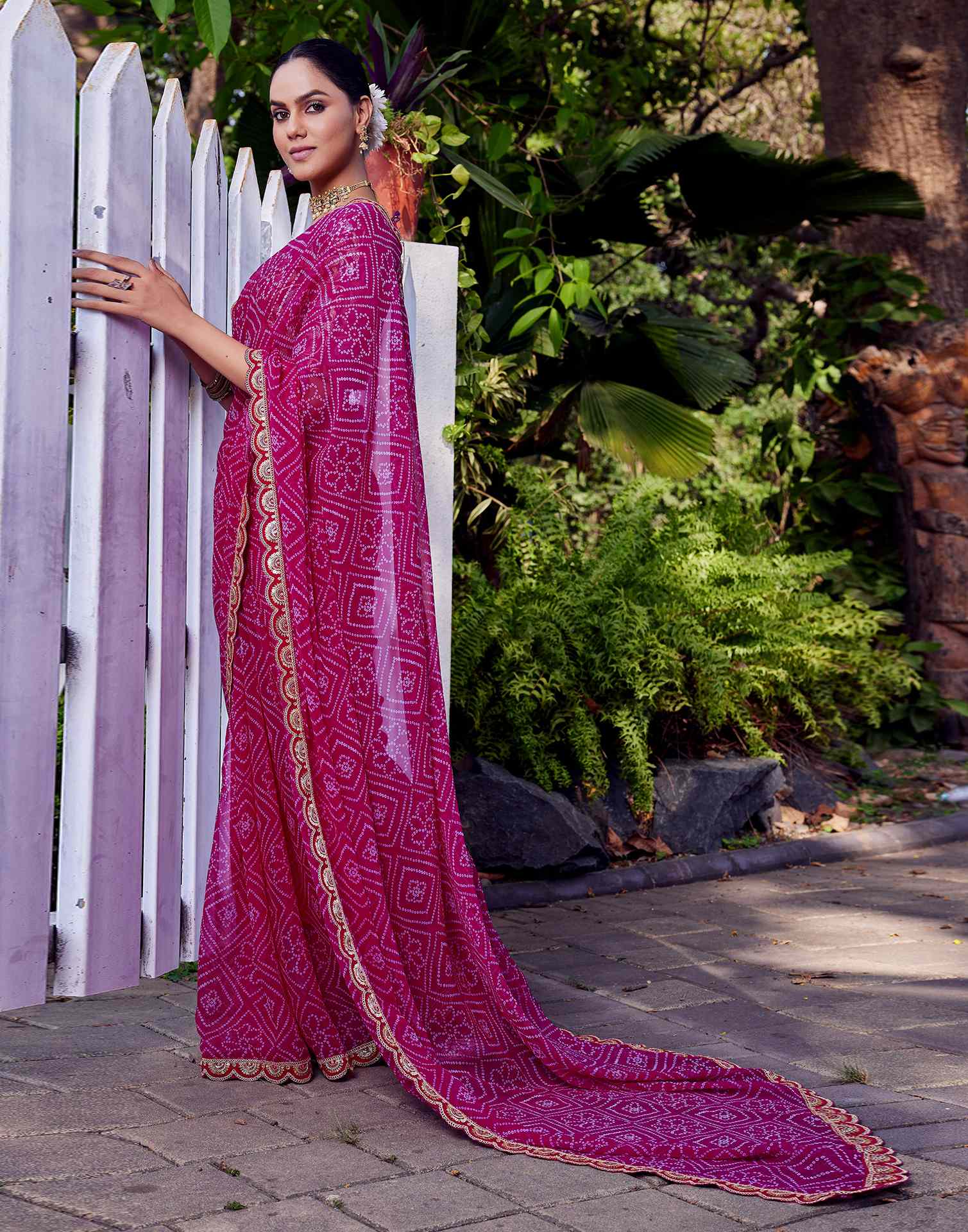 Rani Pink Georgette Bandhani Printed Saree