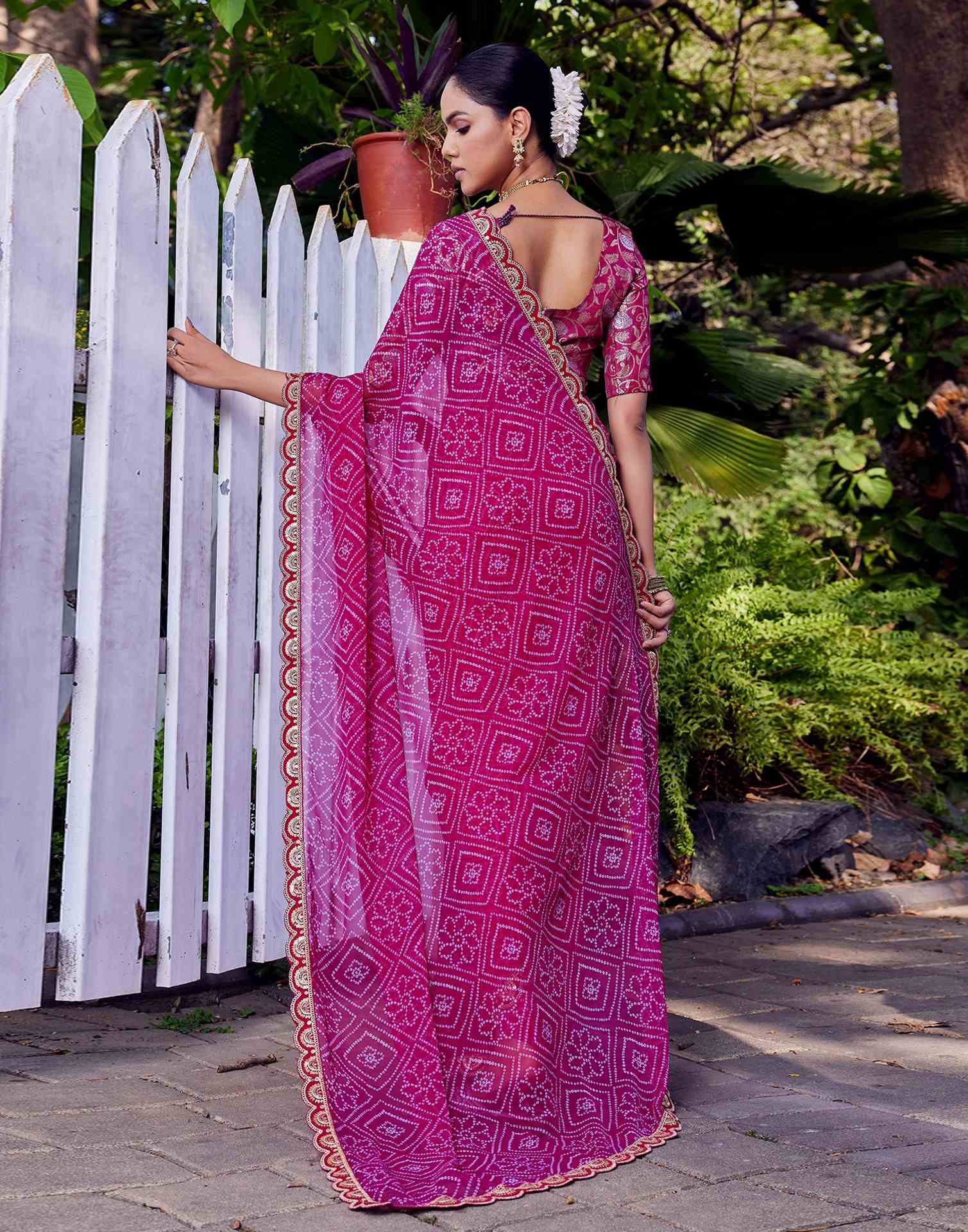 Rani Pink Georgette Bandhani Printed Saree