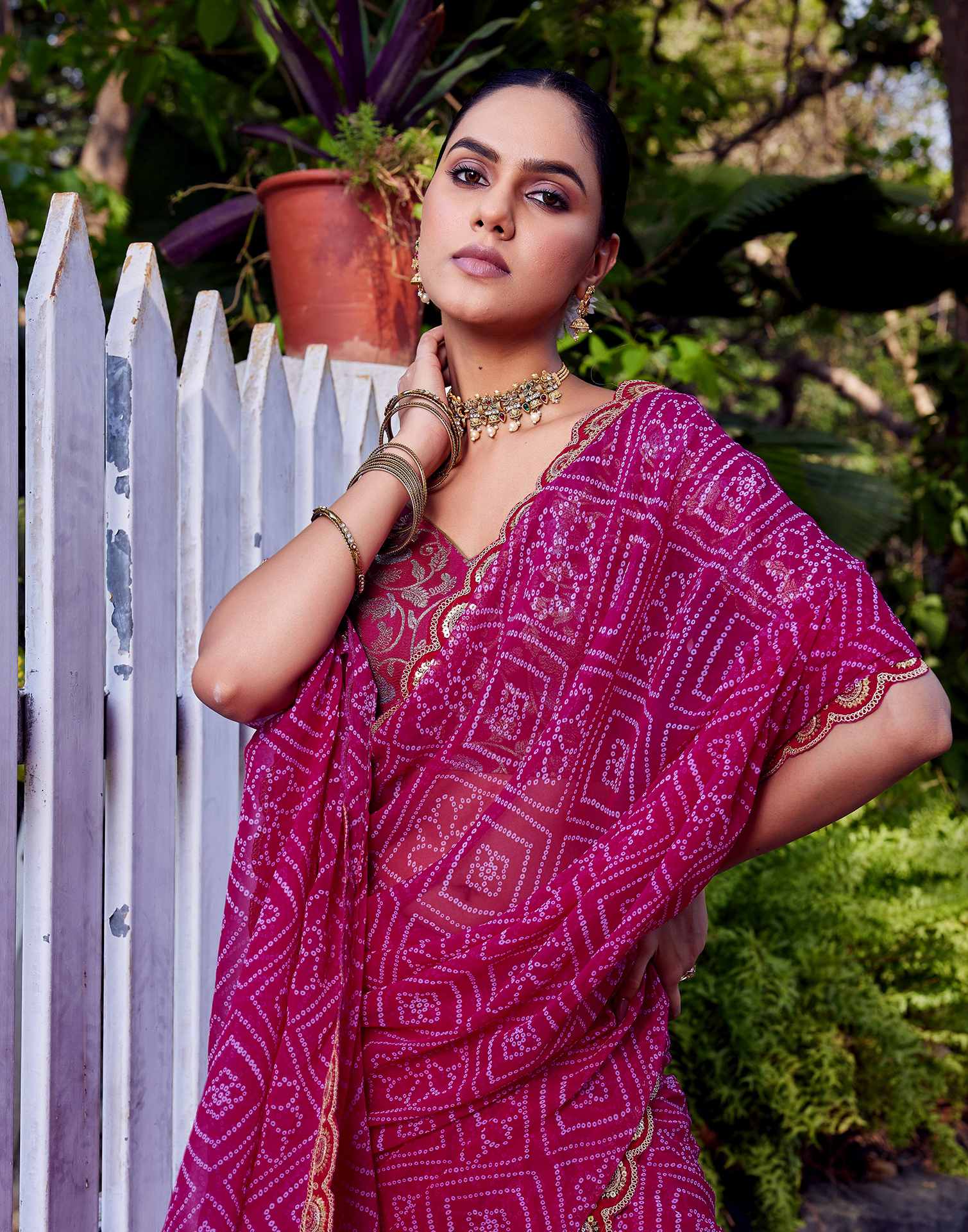 Rani Pink Georgette Bandhani Printed Saree