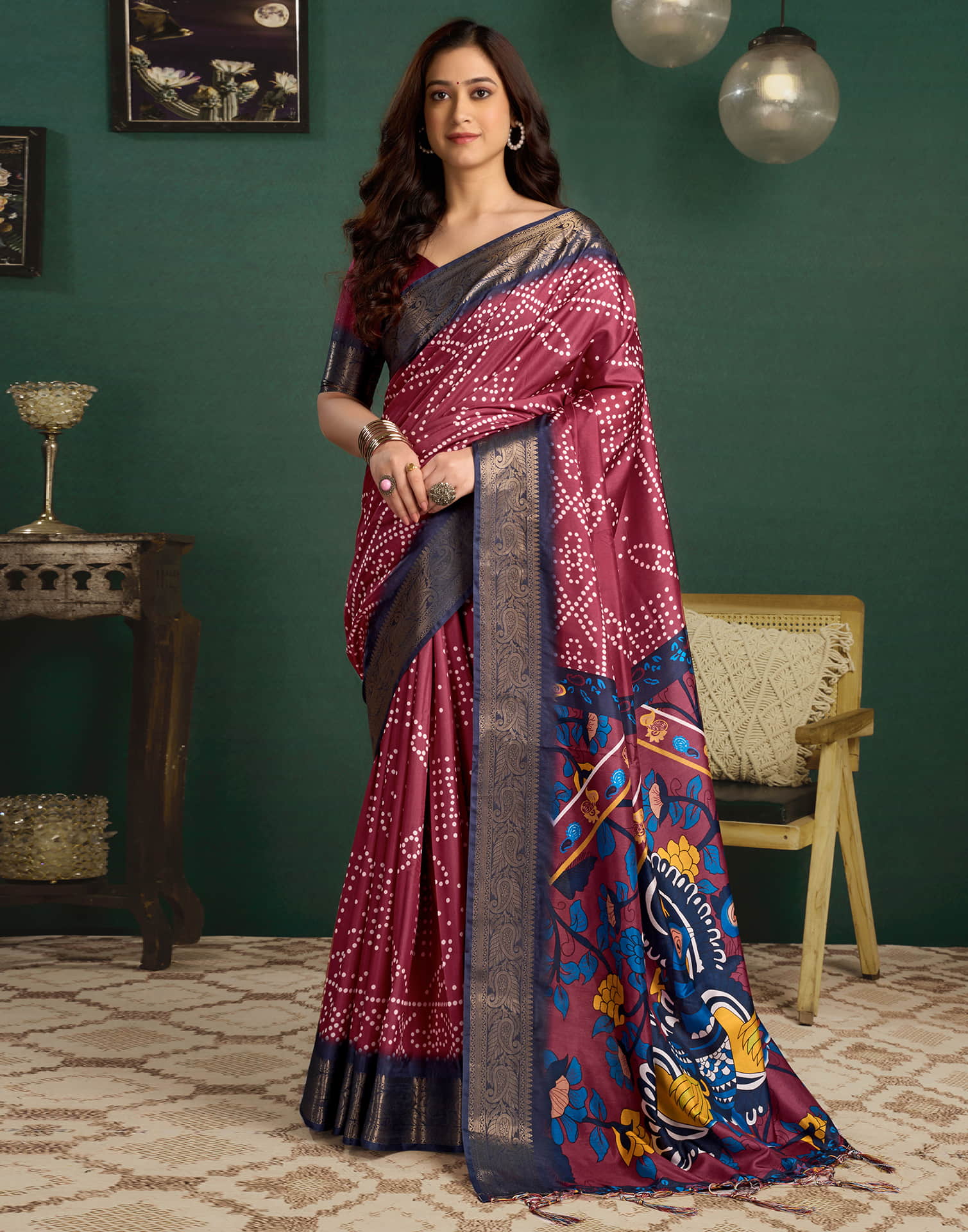 Crimson Red Tussar Silk Printed Kalamkari Saree