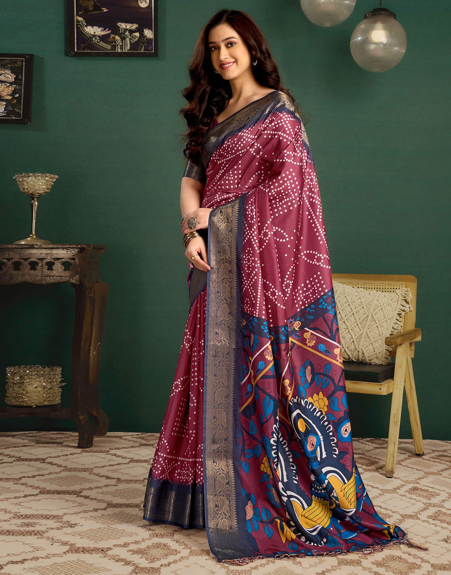 Crimson Red Tussar Silk Printed Kalamkari Saree