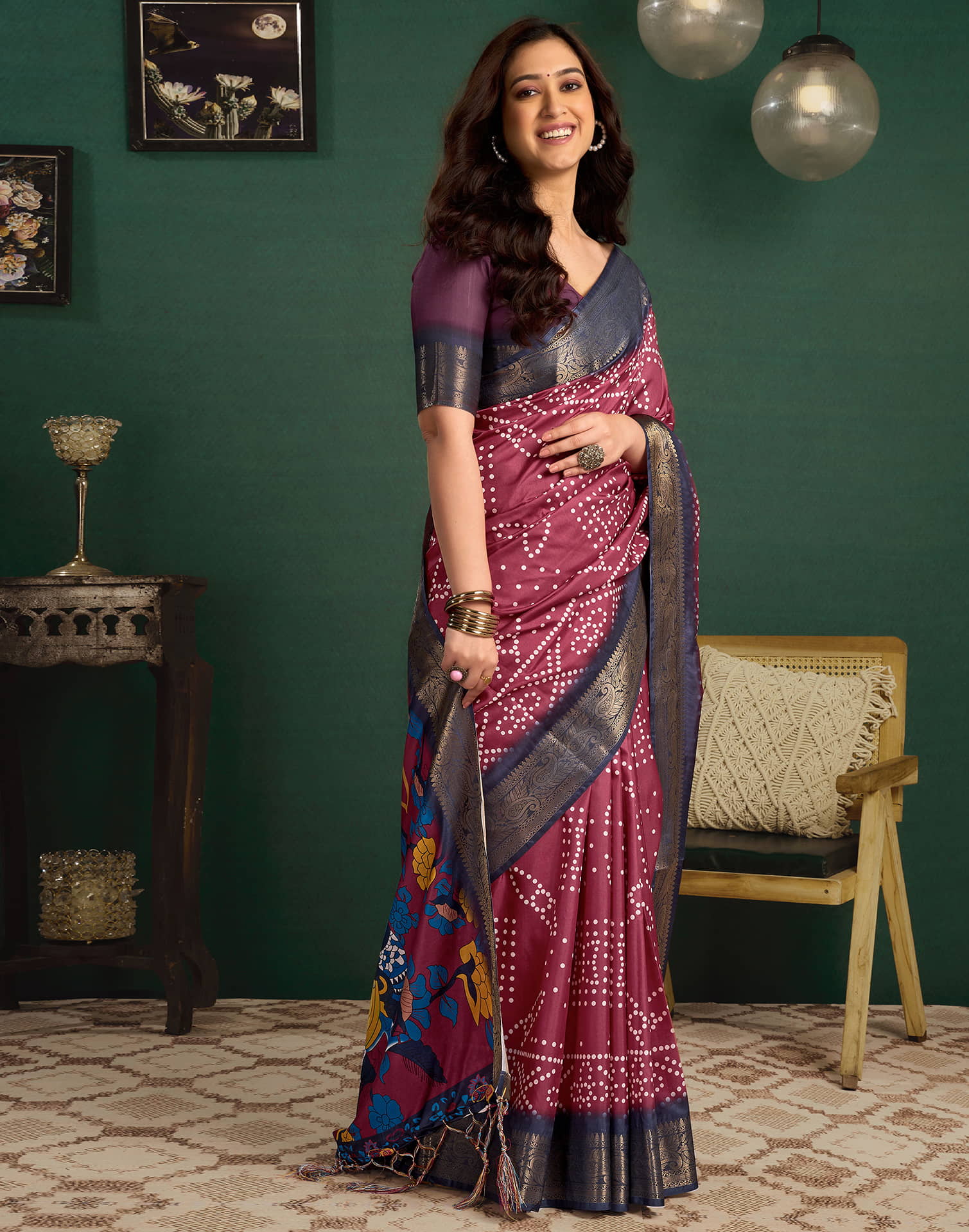 Crimson Red Tussar Silk Printed Kalamkari Saree