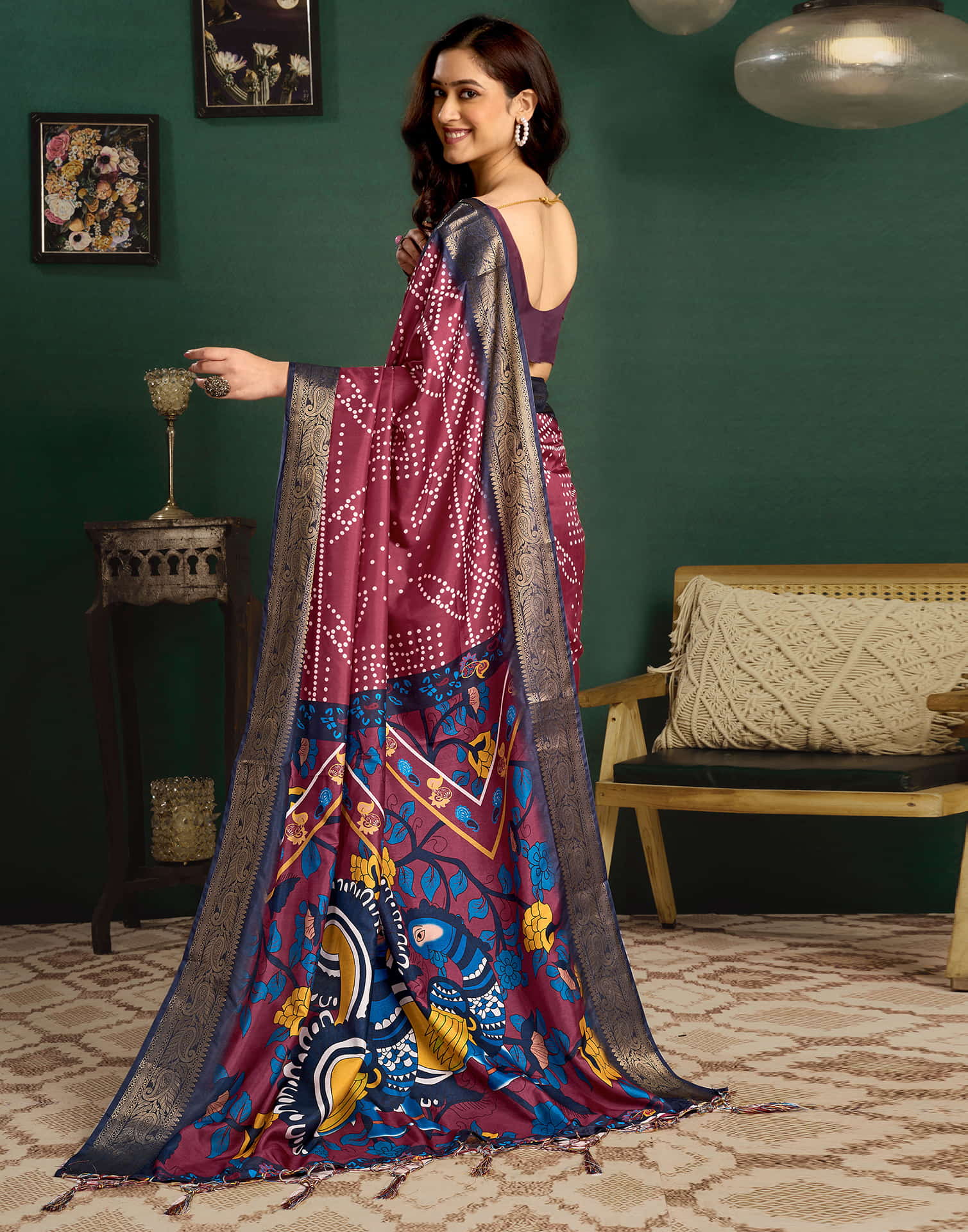 Crimson Red Tussar Silk Printed Kalamkari Saree