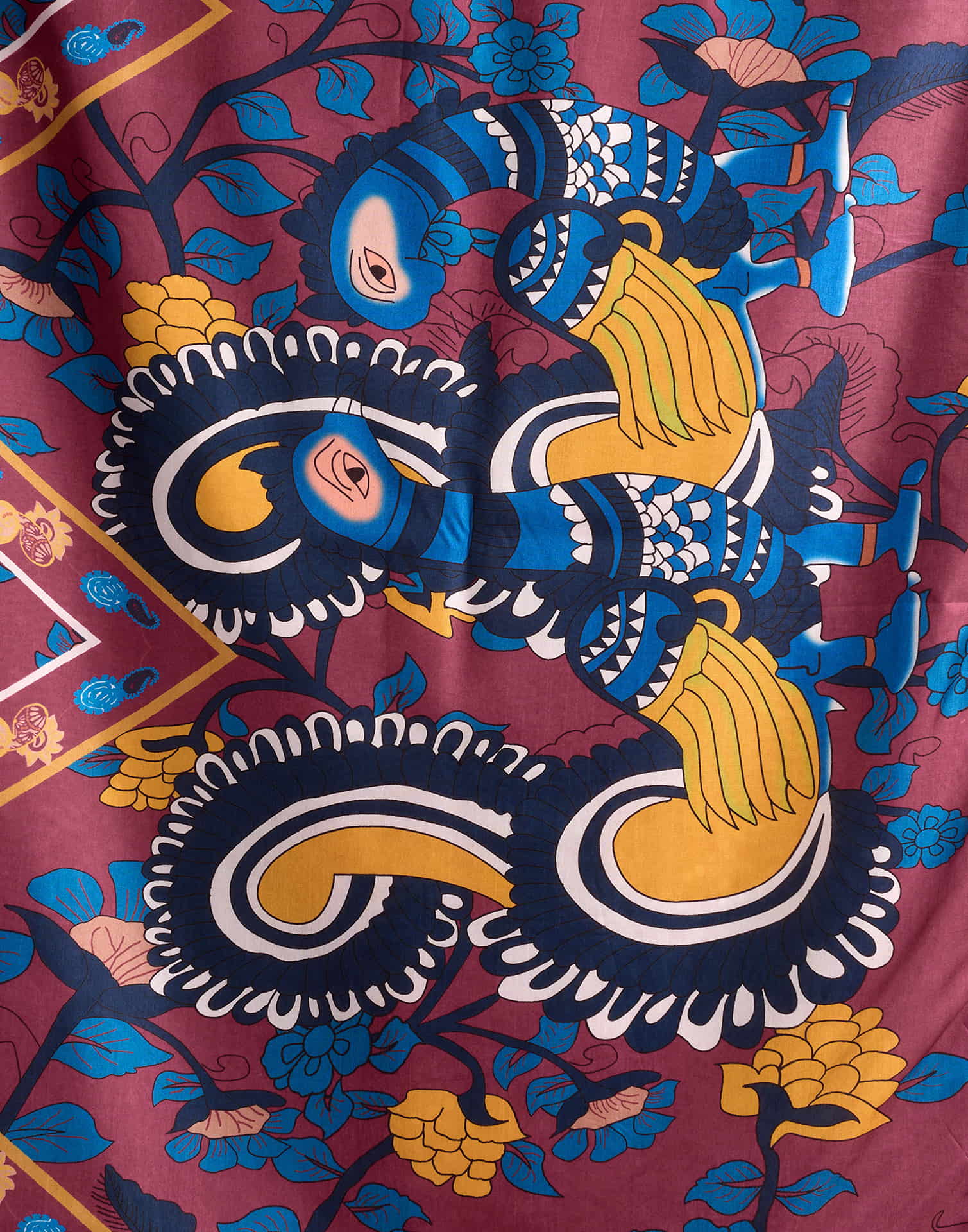 Crimson Red Tussar Silk Printed Kalamkari Saree