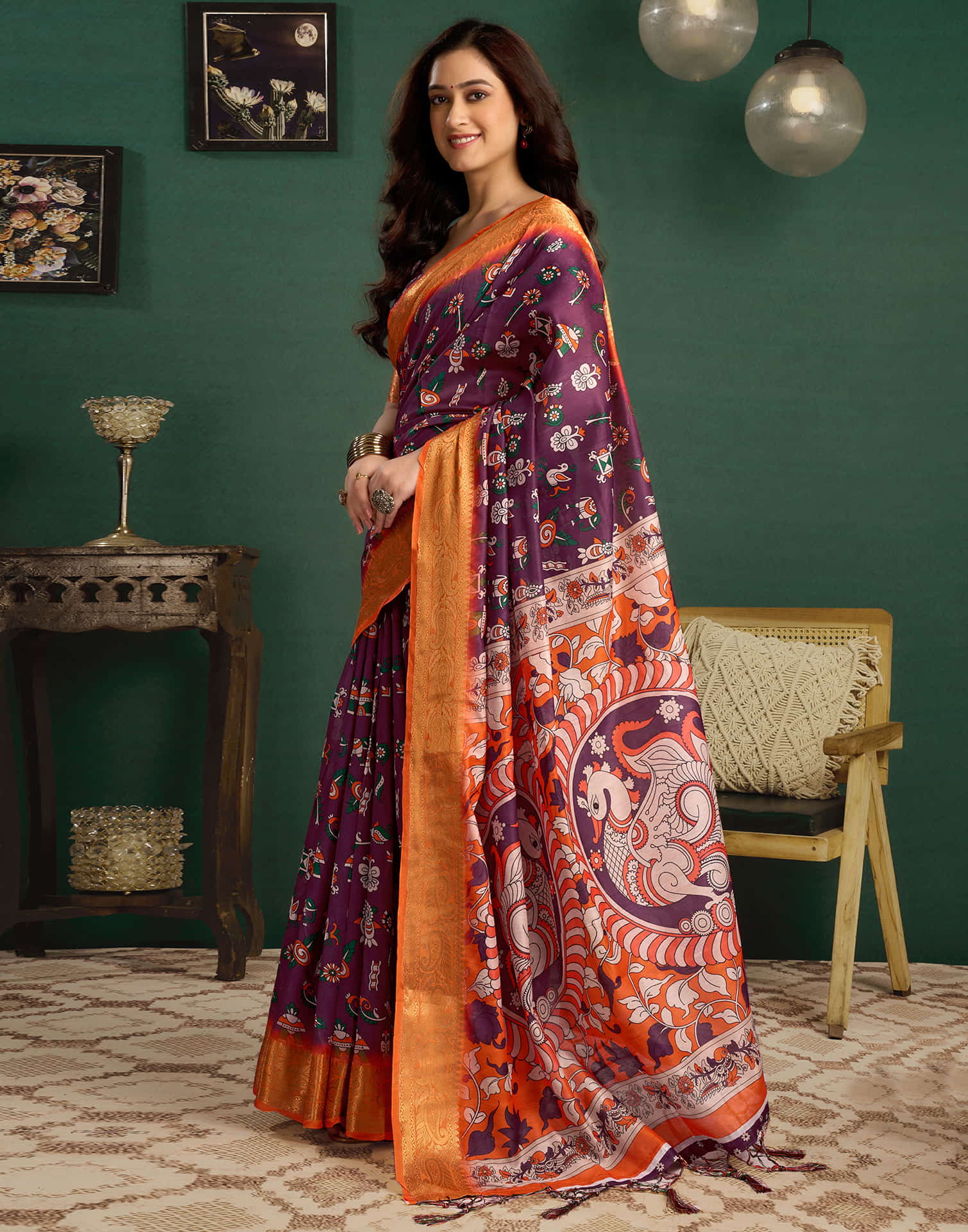 Wine Tussar Silk Printed Kalamkari Saree