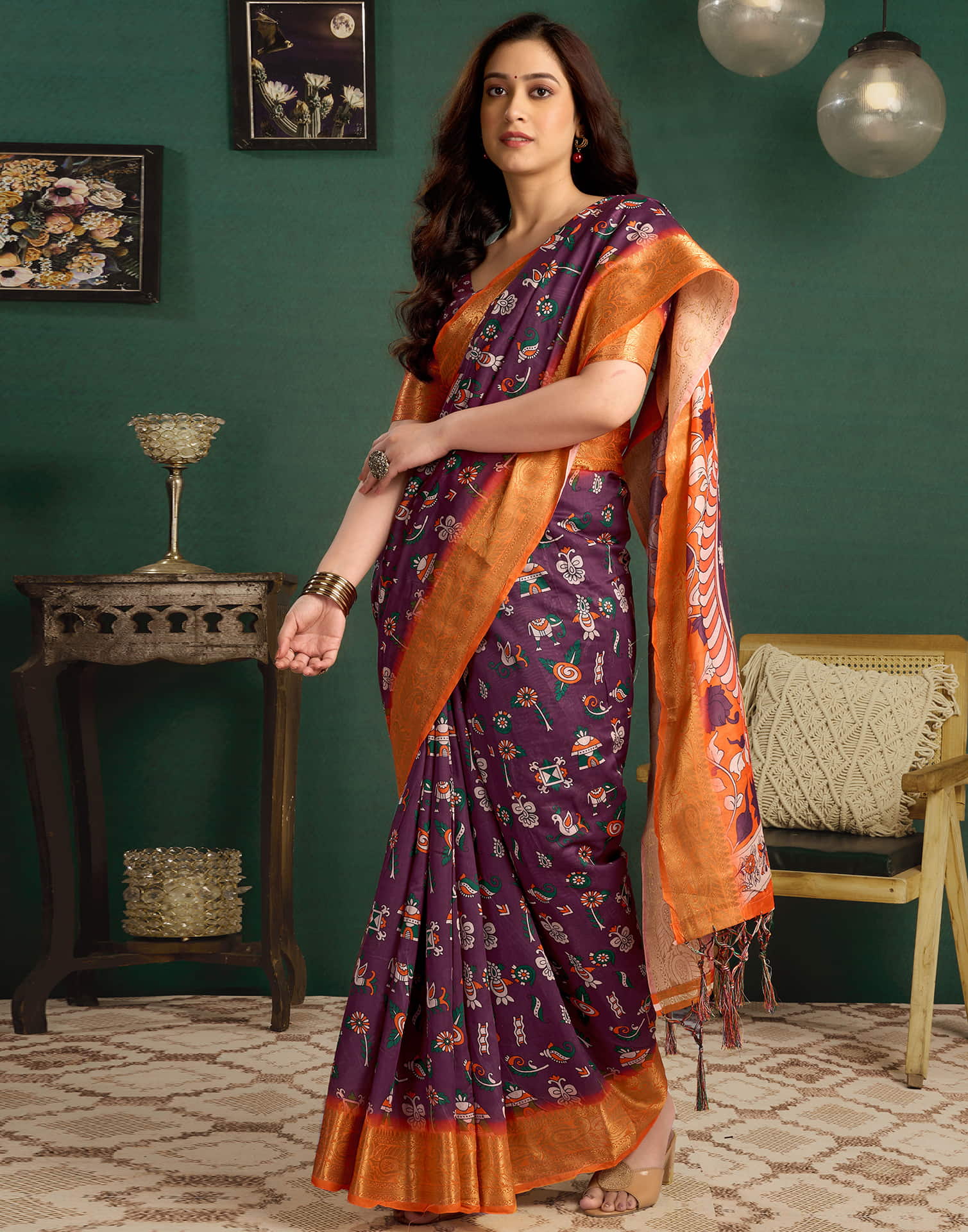 Wine Tussar Silk Printed Kalamkari Saree