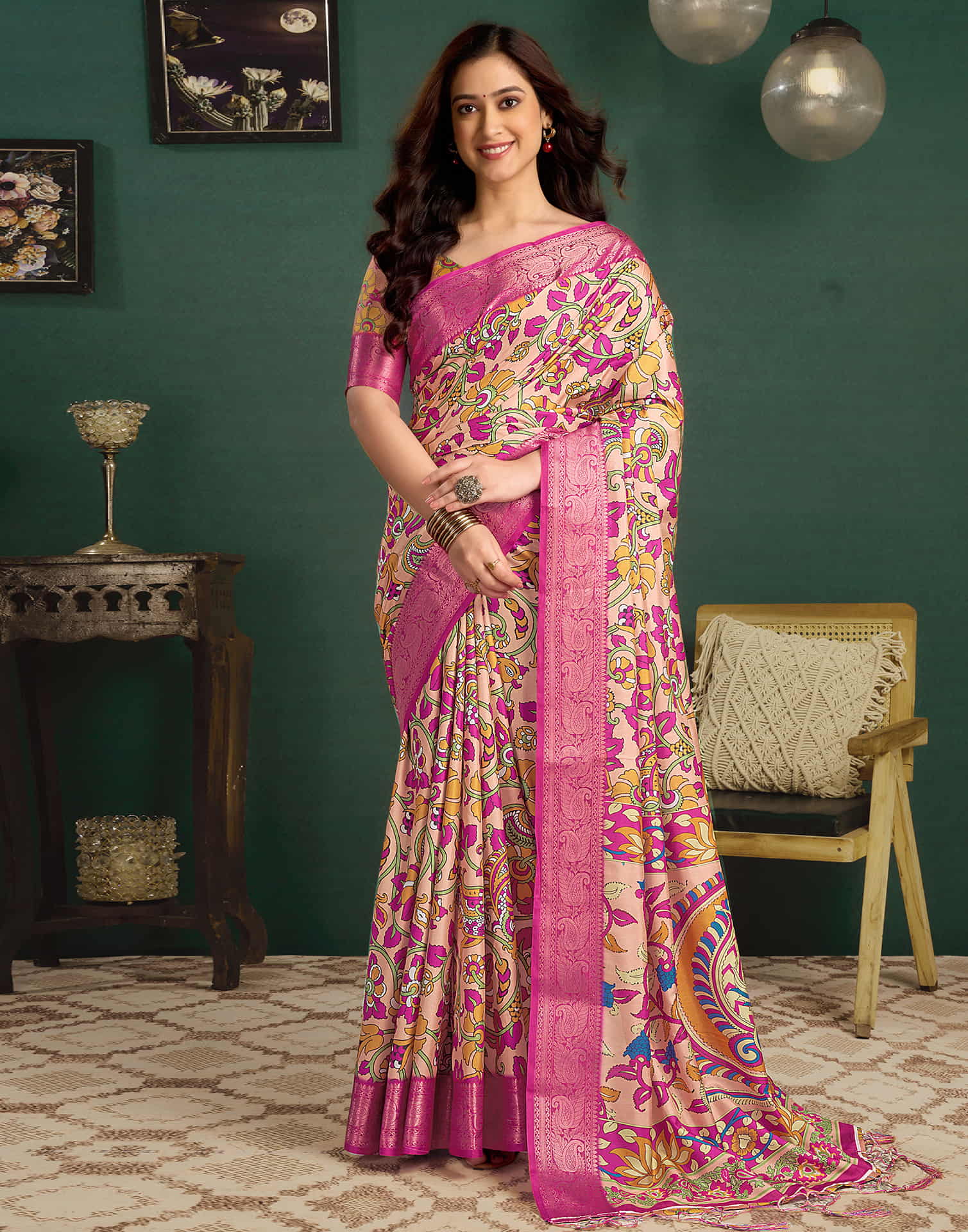 Cream Tussar Silk Printed Kalamkari Saree