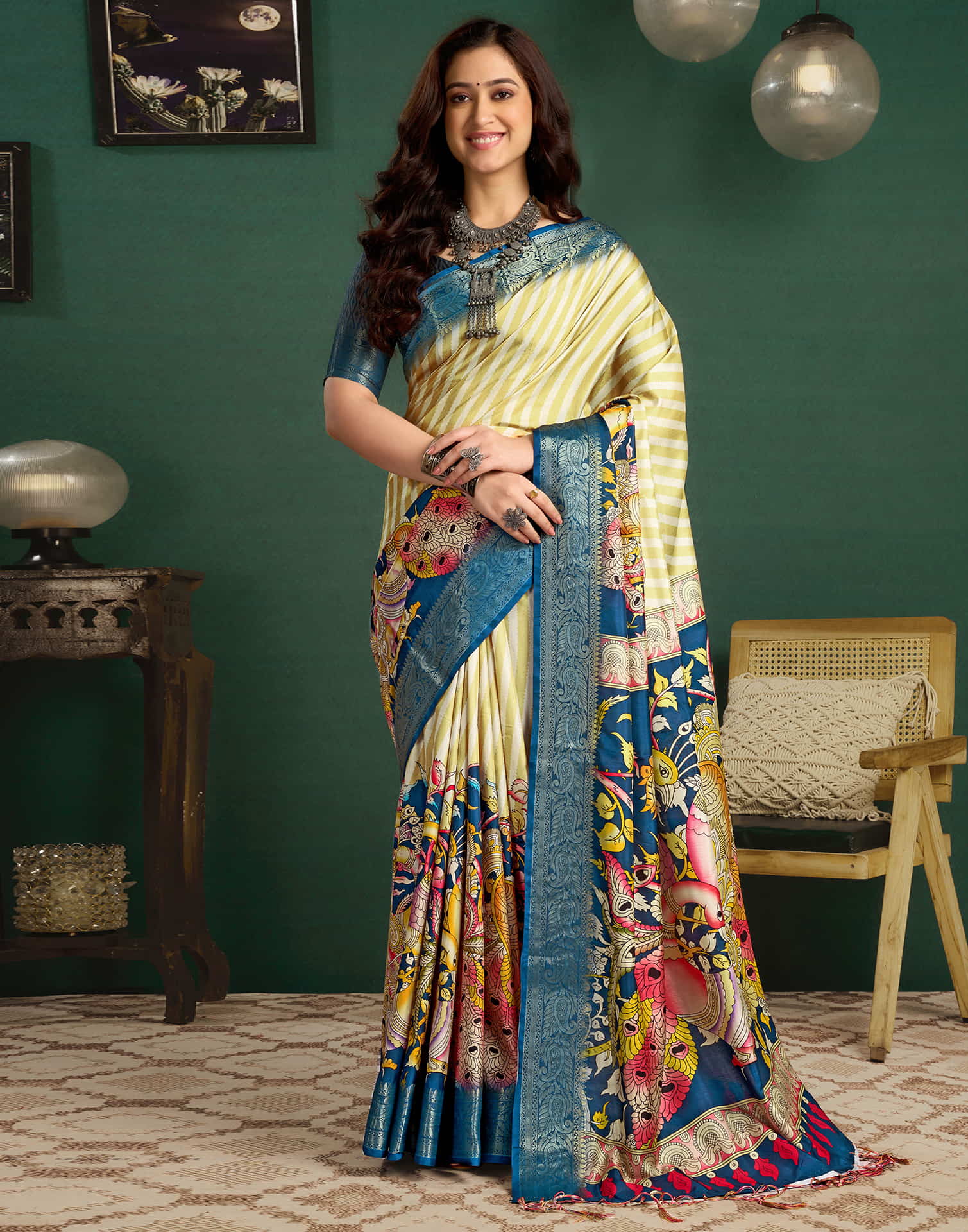 Mustard Yellow Tussar Silk Printed Kalamkari Saree
