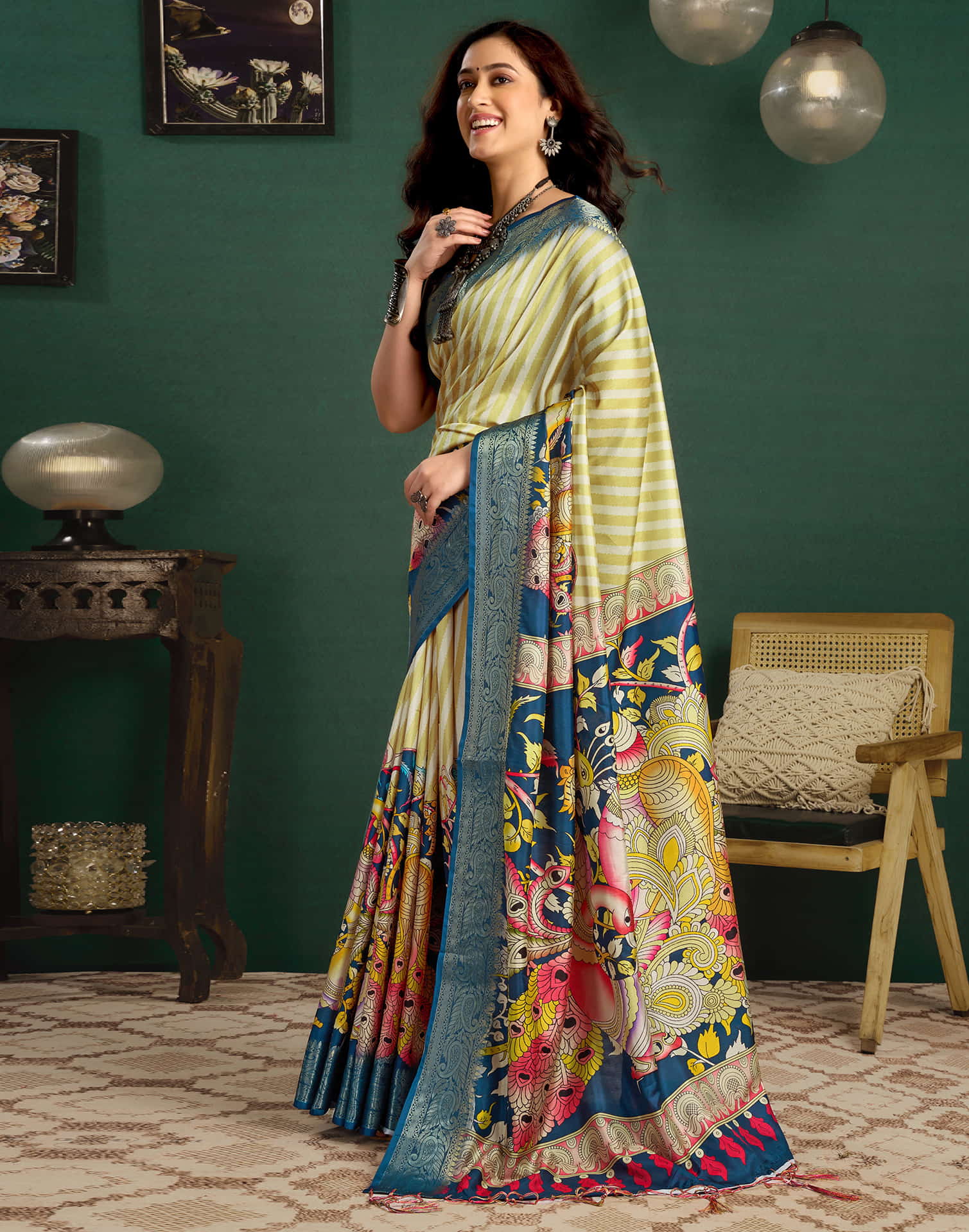 Mustard Yellow Tussar Silk Printed Kalamkari Saree