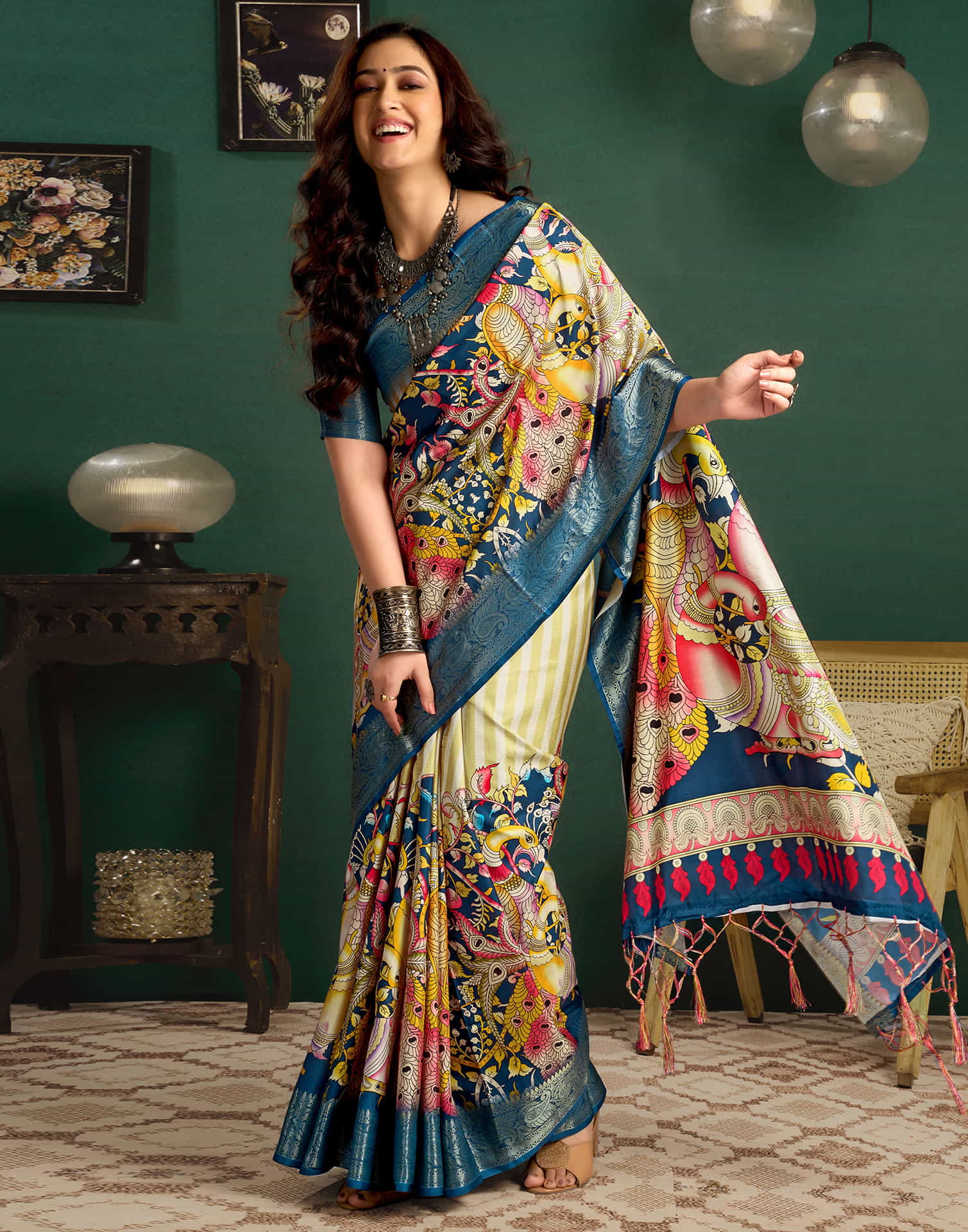 Mustard Yellow Tussar Silk Printed Kalamkari Saree