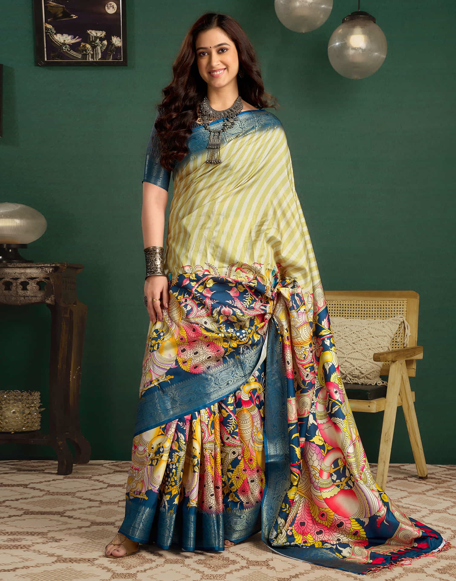 Mustard Yellow Tussar Silk Printed Kalamkari Saree