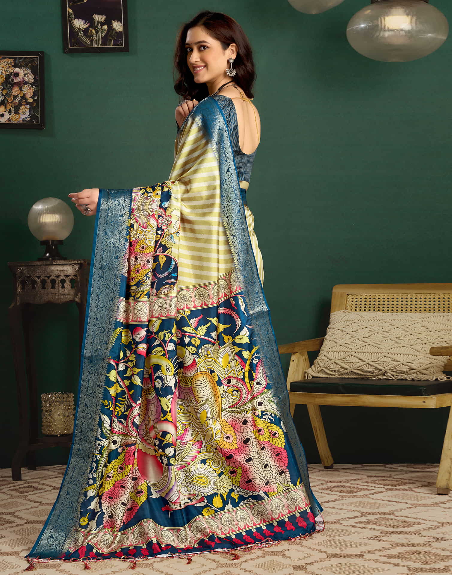 Mustard Yellow Tussar Silk Printed Kalamkari Saree