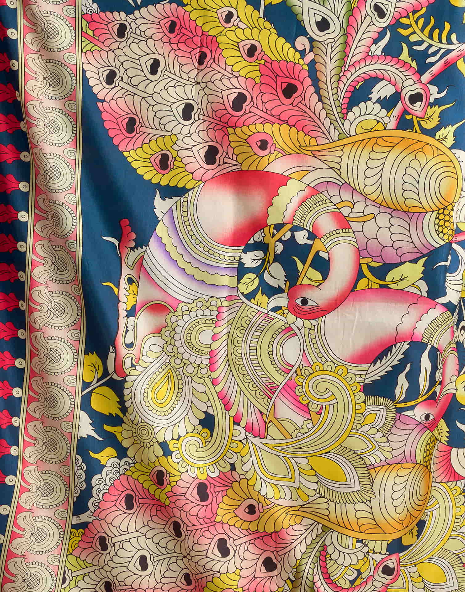 Mustard Yellow Tussar Silk Printed Kalamkari Saree