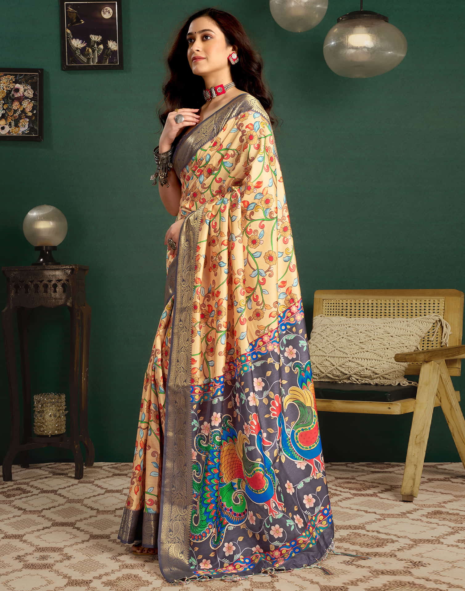 Dark Cream Tussar Silk Printed Kalamkari Saree