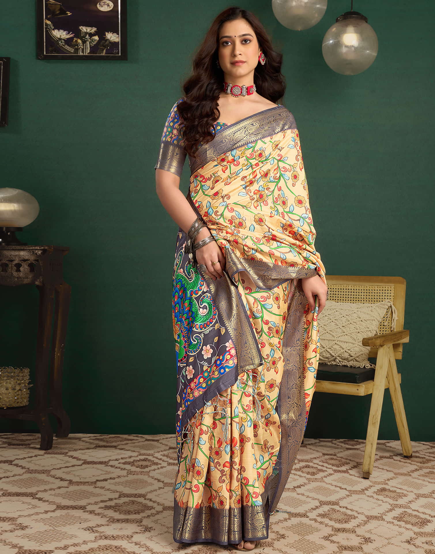 Dark Cream Tussar Silk Printed Kalamkari Saree