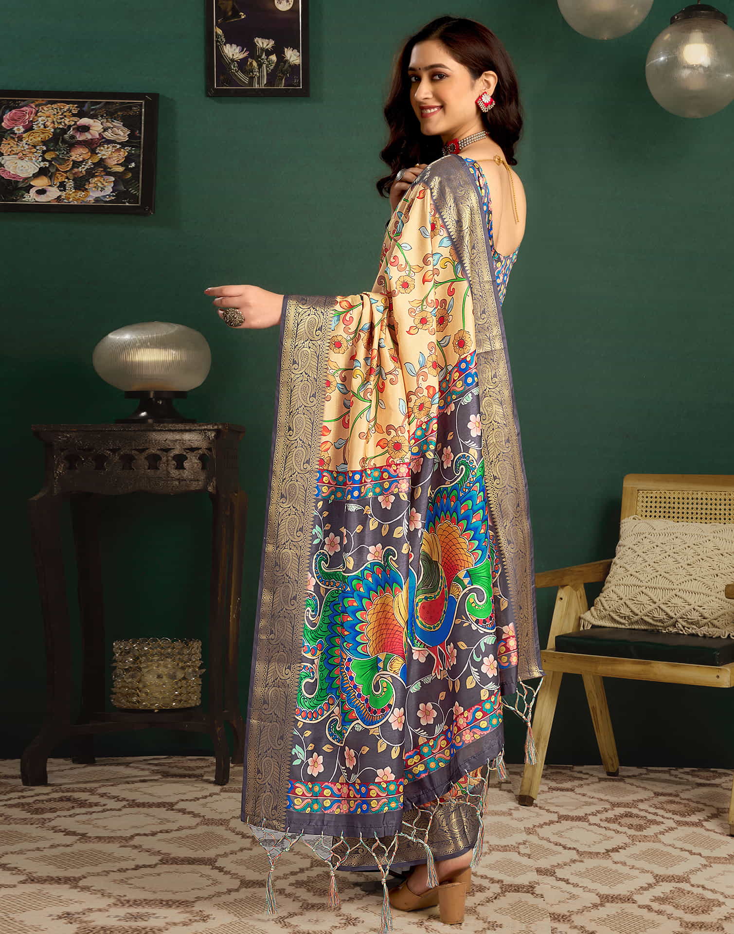 Dark Cream Tussar Silk Printed Kalamkari Saree