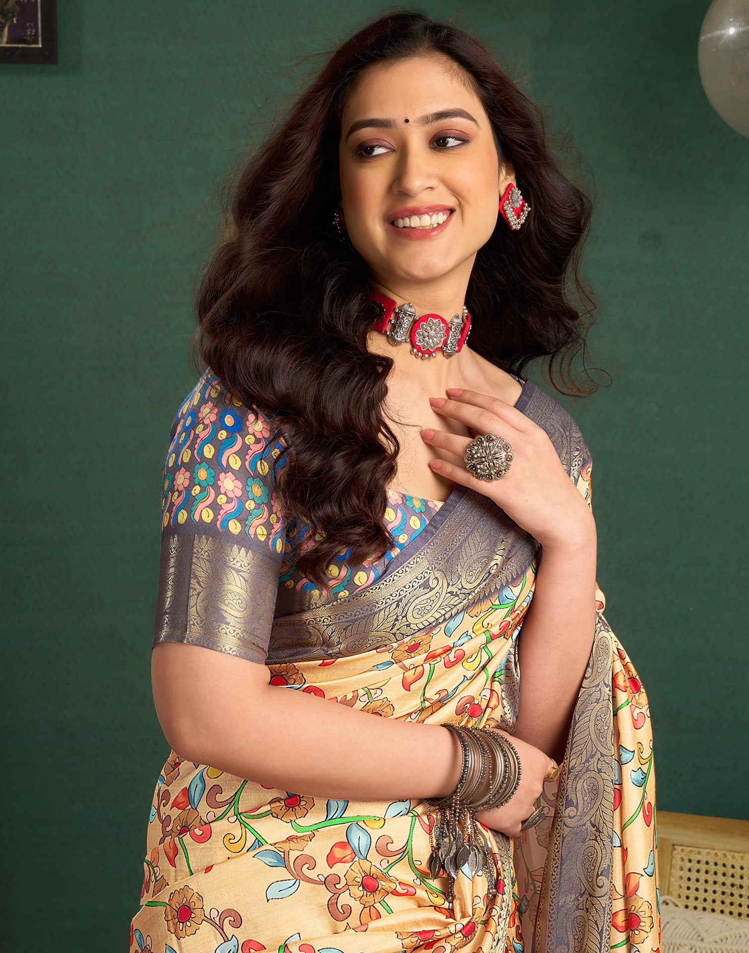 Dark Cream Tussar Silk Printed Kalamkari Saree