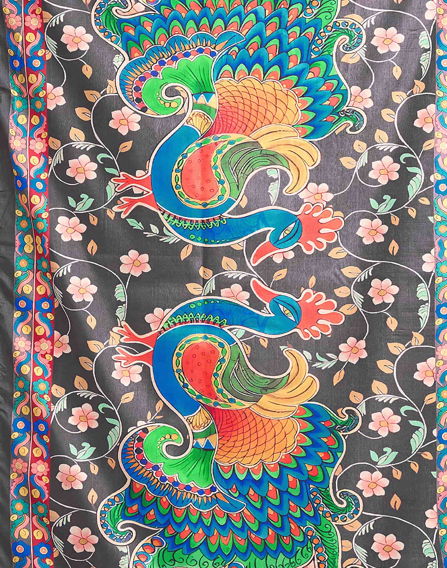 Dark Cream Tussar Silk Printed Kalamkari Saree