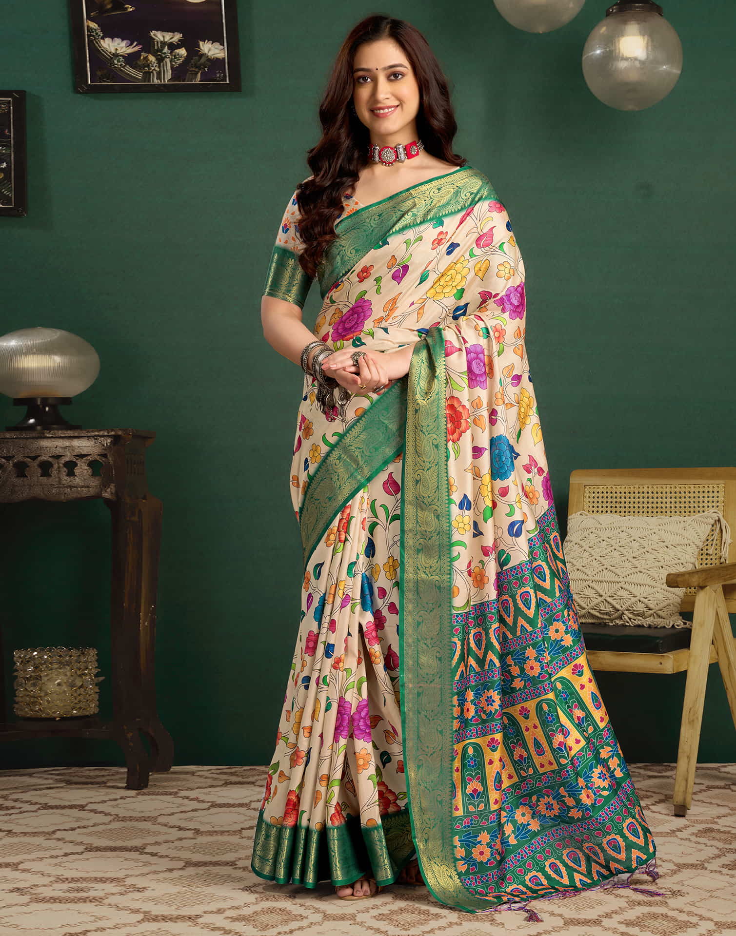 Light Khaki Tussar Silk Printed Kalamkari Saree