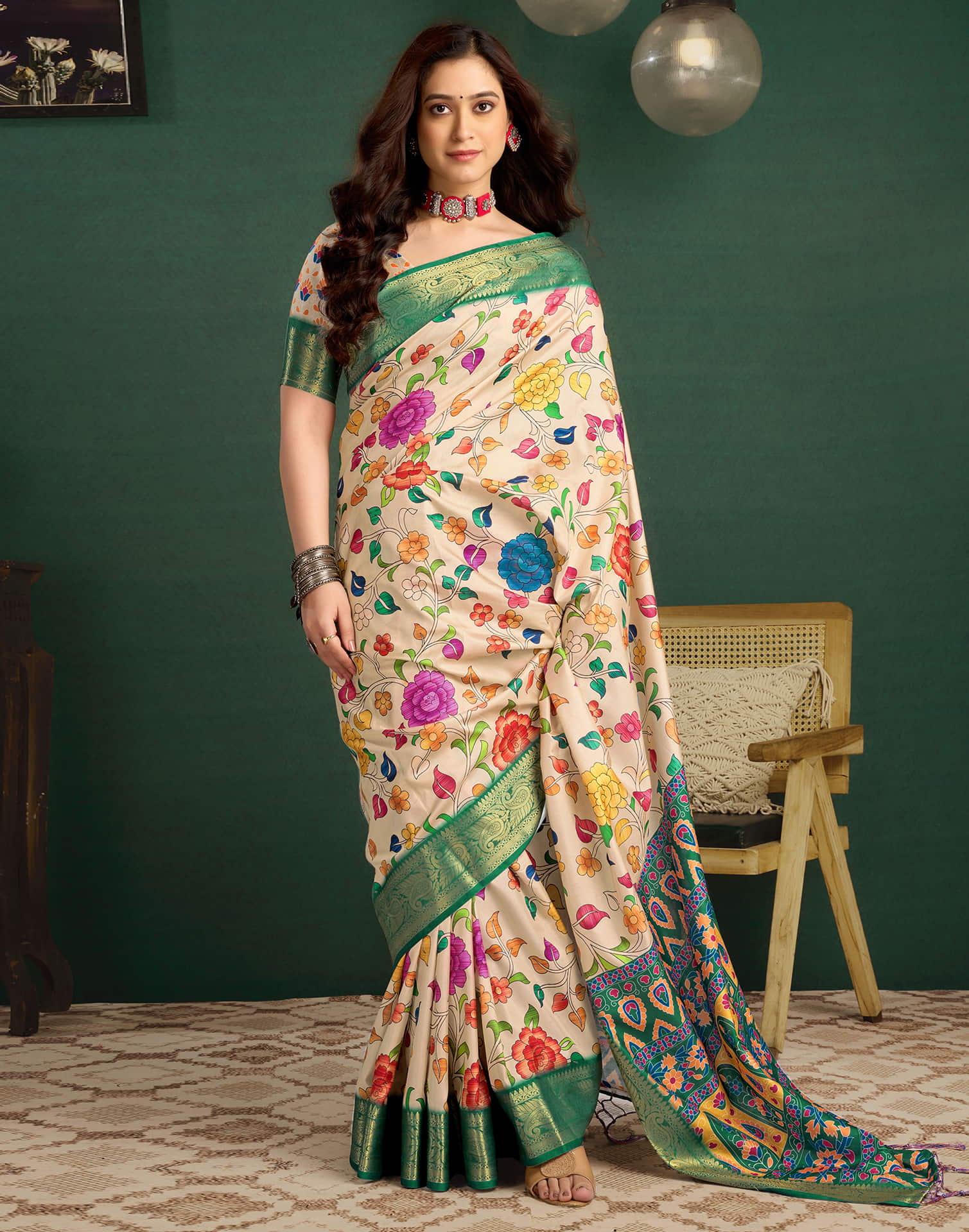 Light Khaki Tussar Silk Printed Kalamkari Saree