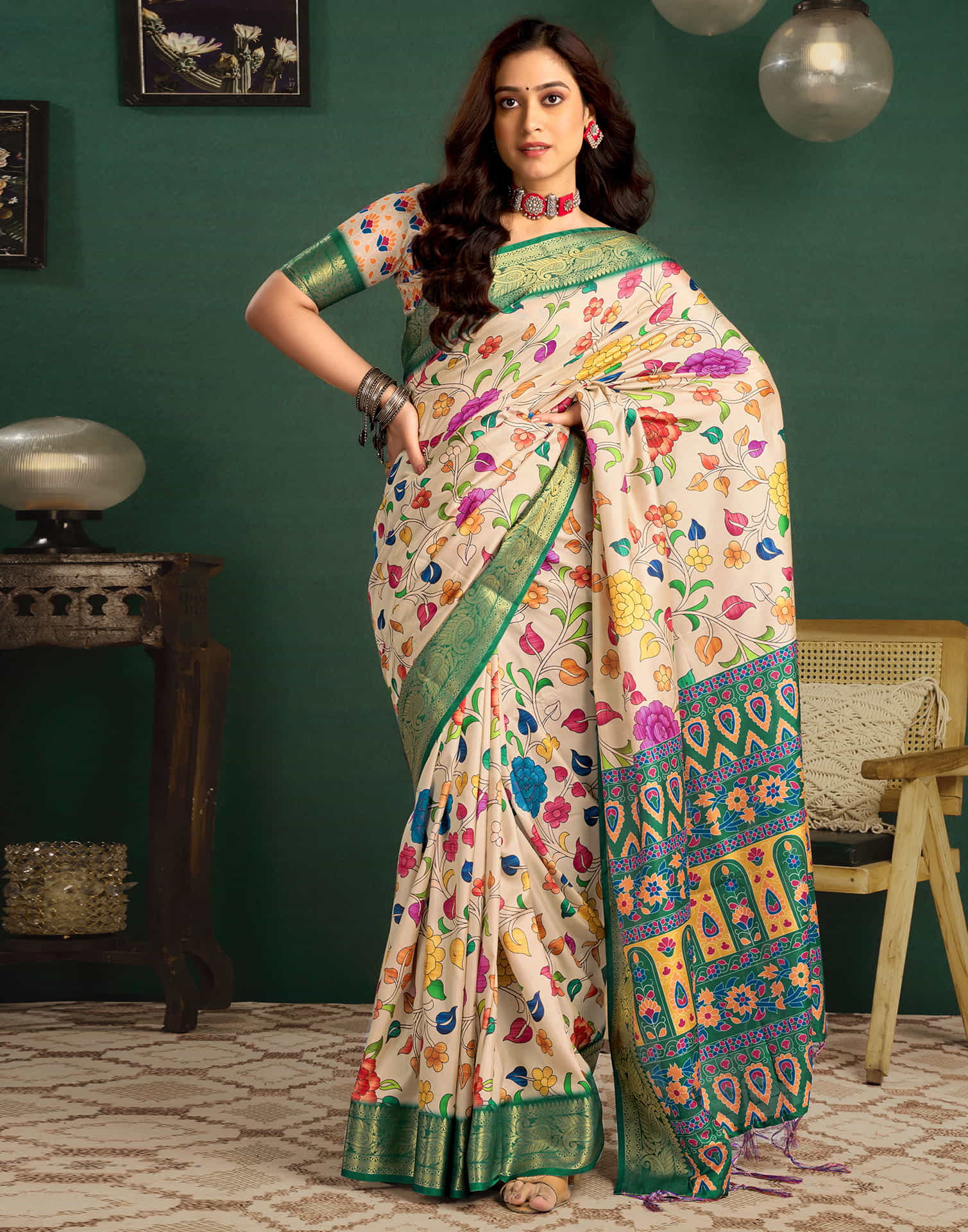 Light Khaki Tussar Silk Printed Kalamkari Saree