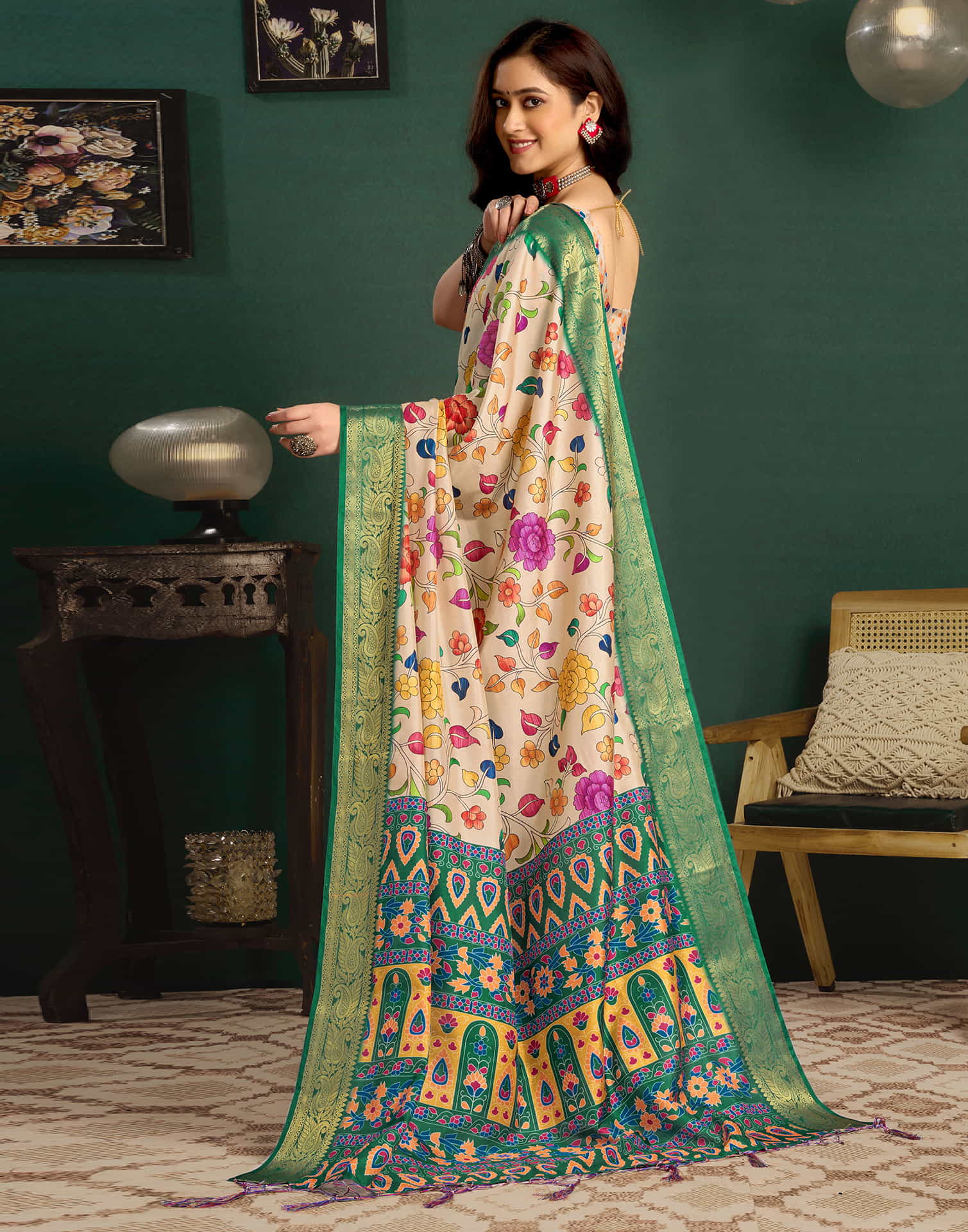 Light Khaki Tussar Silk Printed Kalamkari Saree