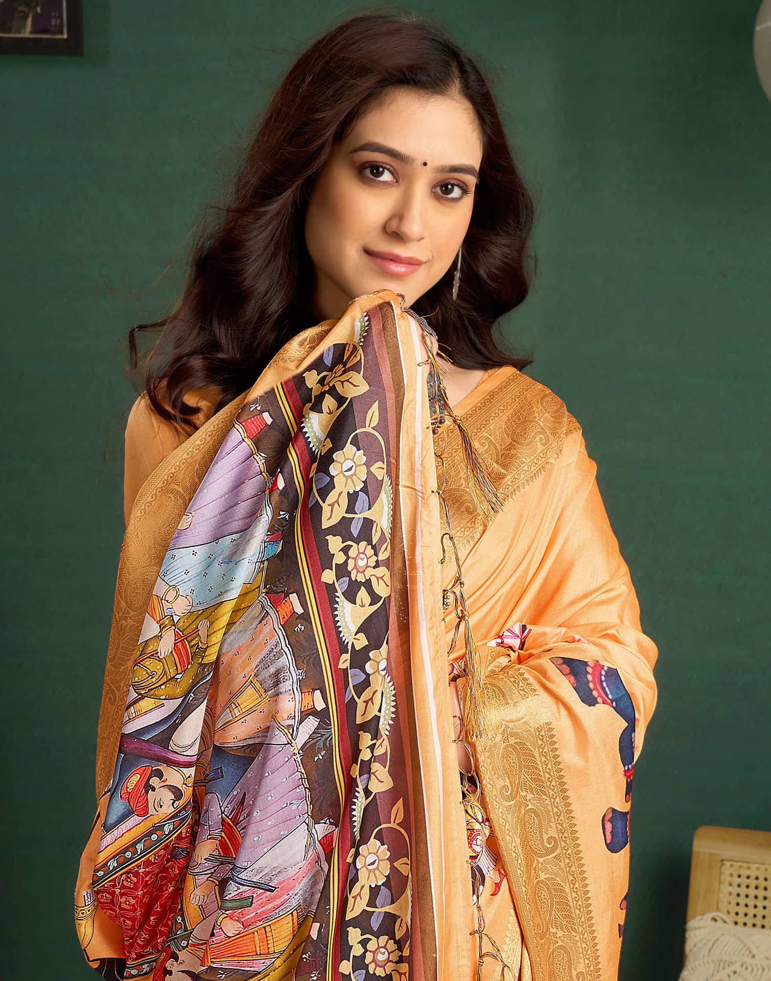 Light Orange Tussar Silk Printed Kalamkari Saree