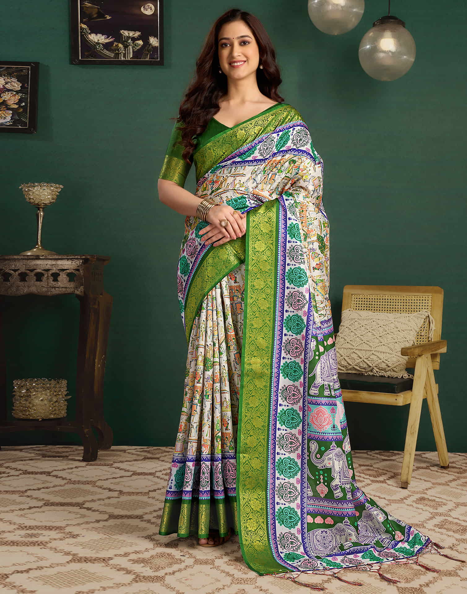 White Tussar Silk Printed Kalamkari Saree