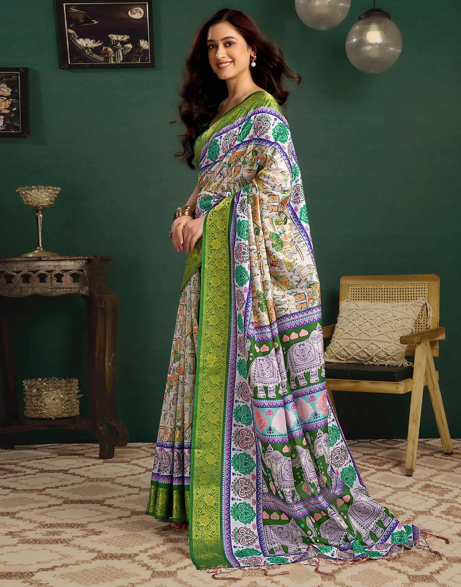 White Tussar Silk Printed Kalamkari Saree