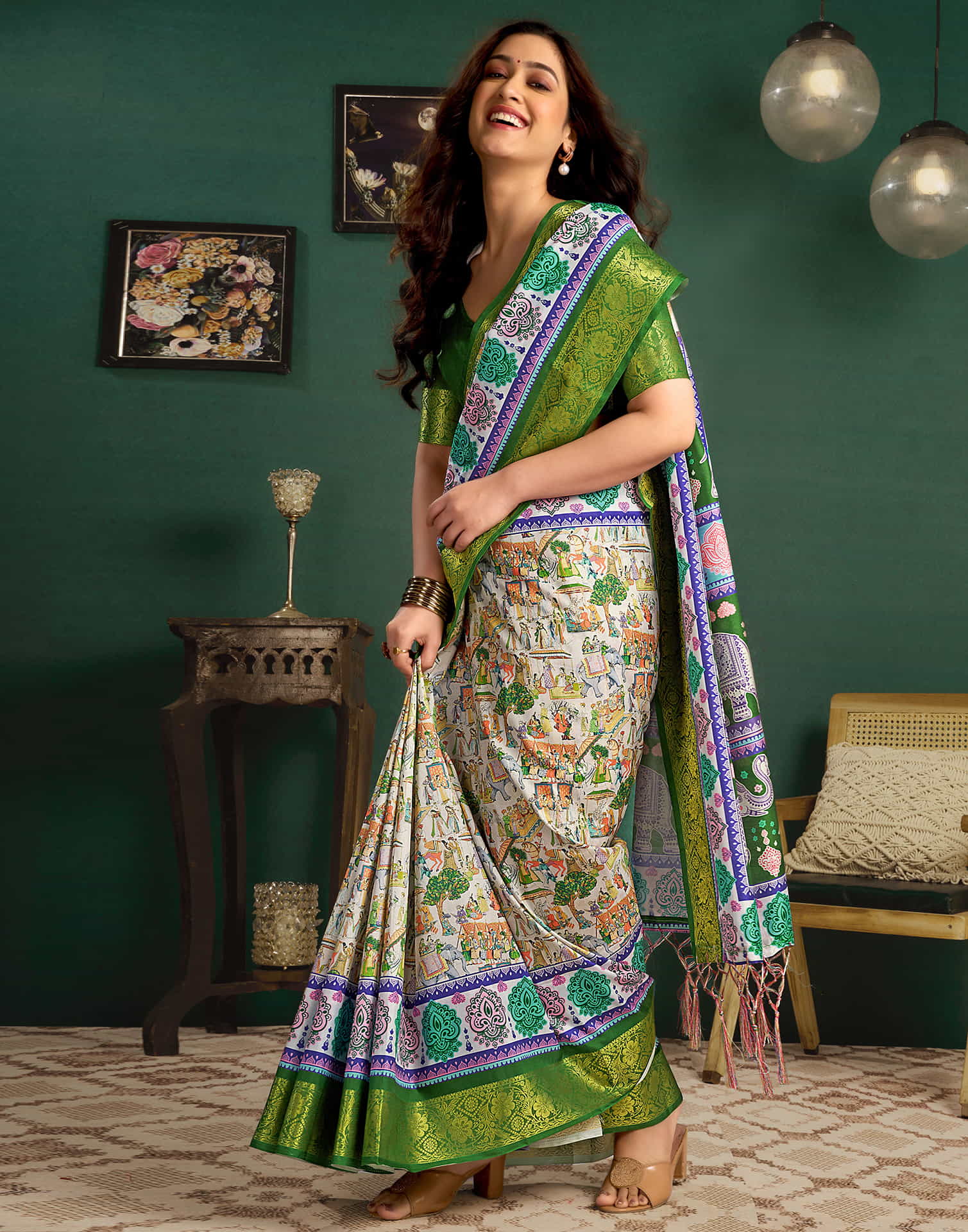 White Tussar Silk Printed Kalamkari Saree
