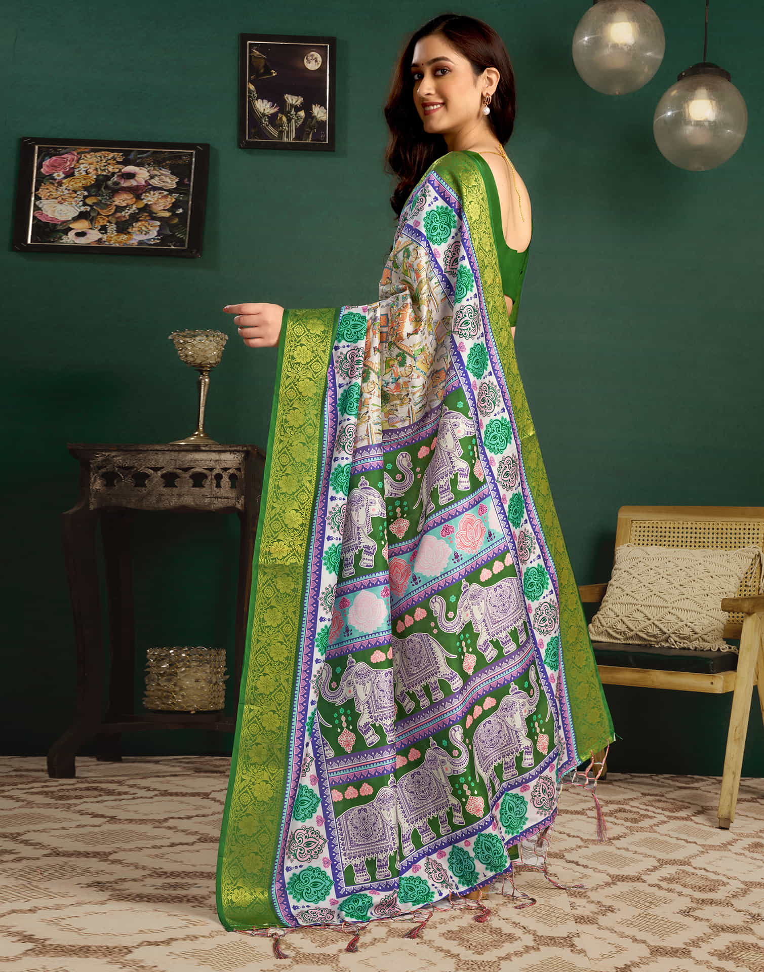 White Tussar Silk Printed Kalamkari Saree