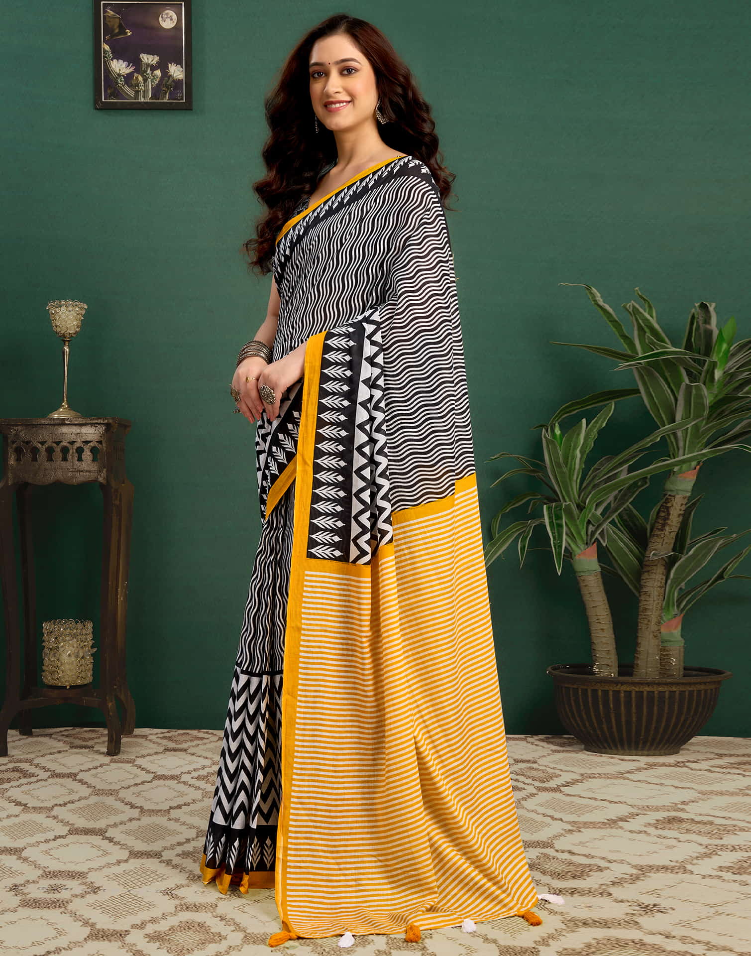 Yellow Cotton Printed Saree