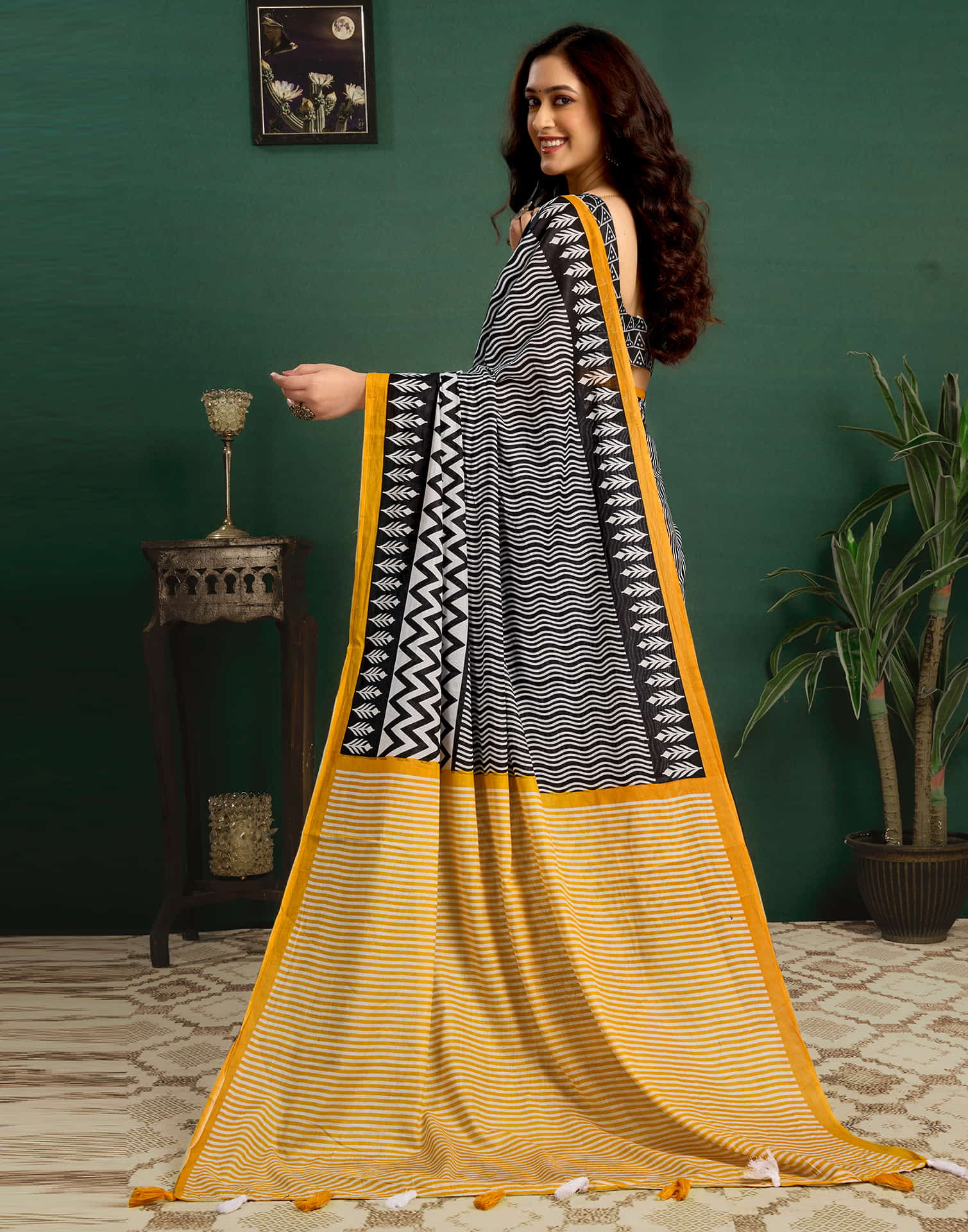 Yellow Cotton Printed Saree