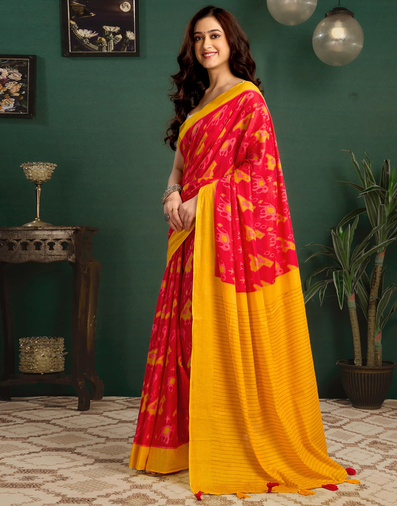 Yellow Cotton Printed Saree