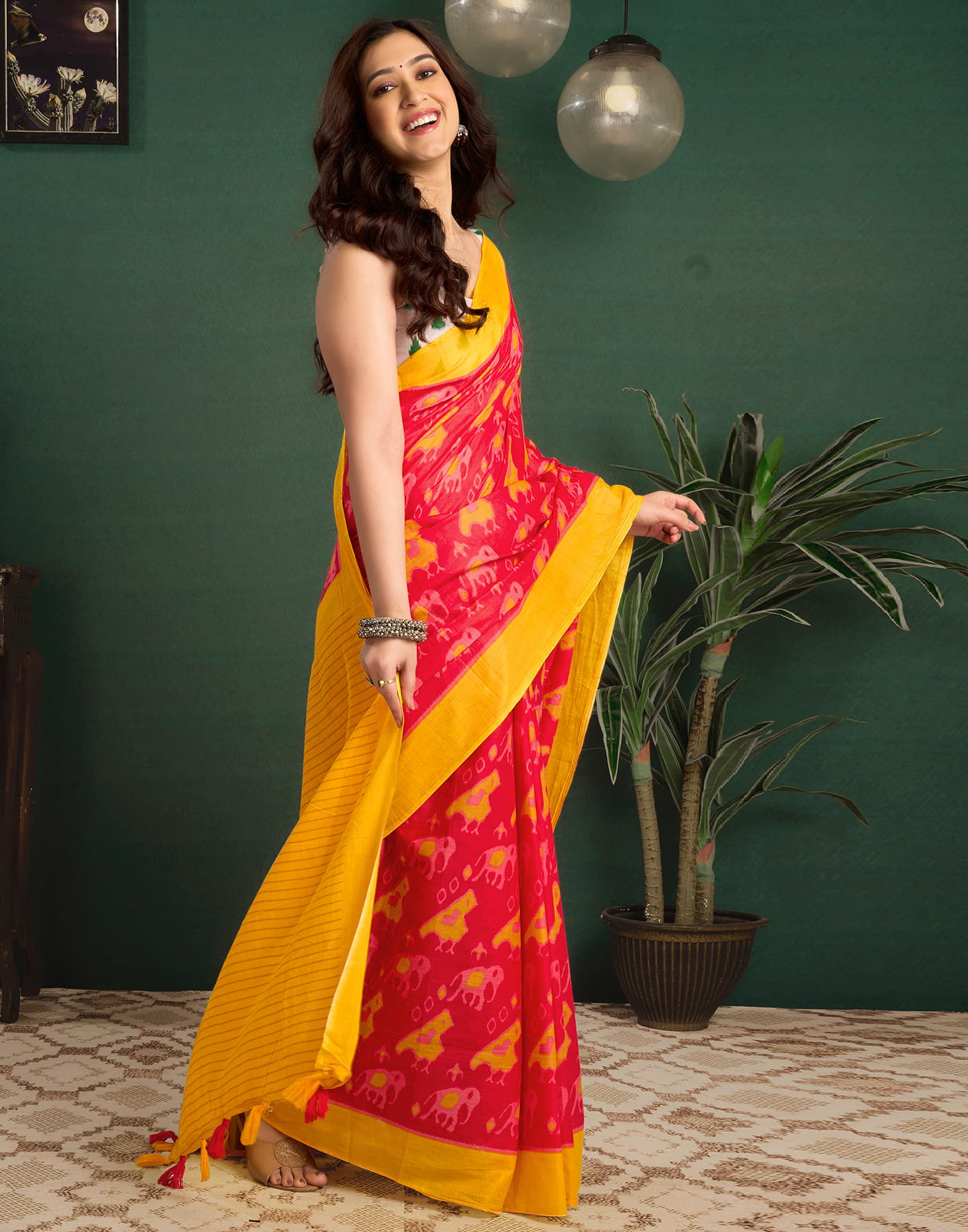 Yellow Cotton Printed Saree