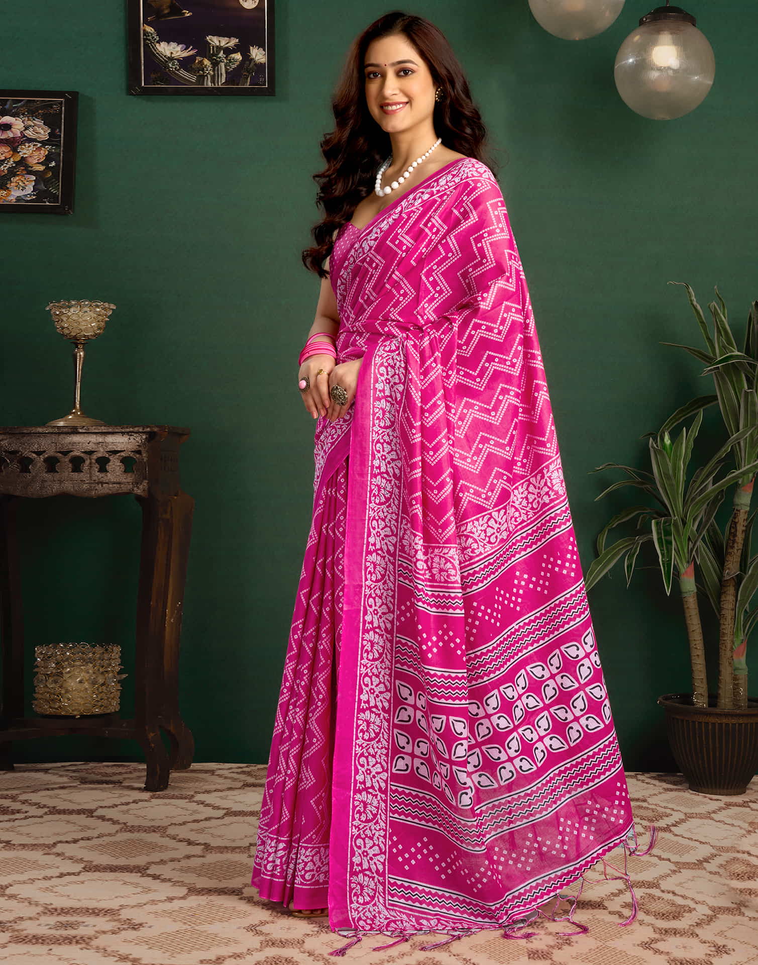 Pink Cotton Printed Bandhani Saree
