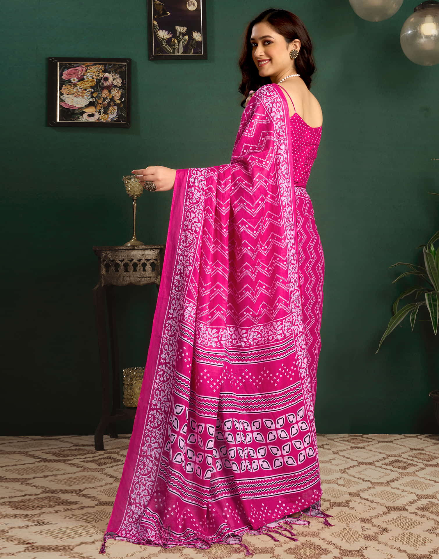Pink Cotton Printed Bandhani Saree